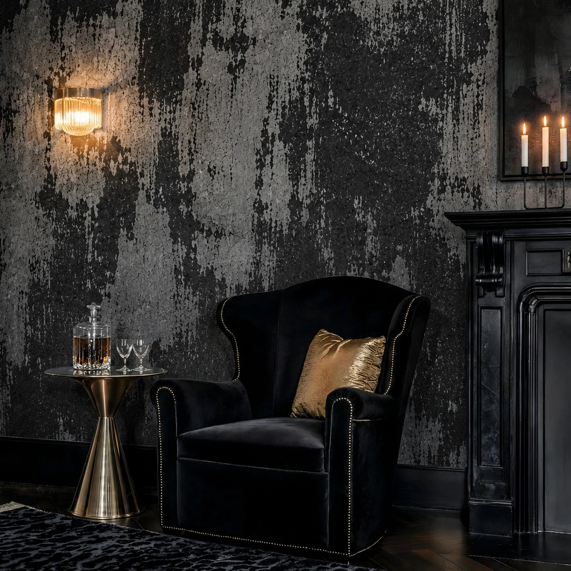 Worn Charcoal Plaster wall mural shown in a styled interior, view 2