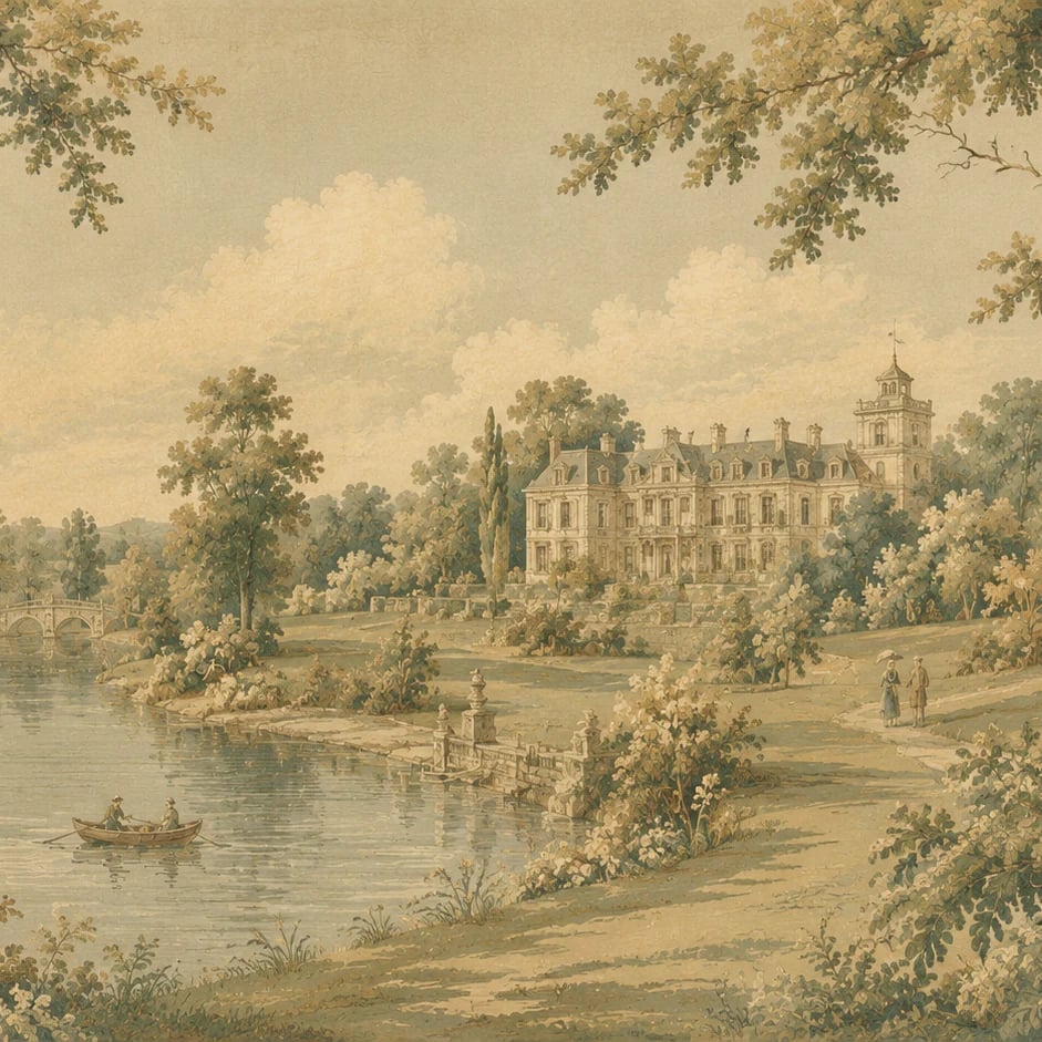 Close-up of the Riverside Chateau artwork at printed scale