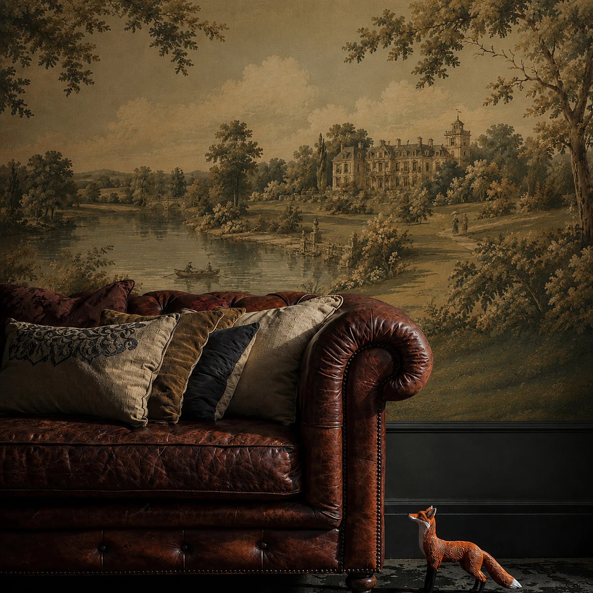Riverside Chateau wall mural shown in a styled interior, view 2