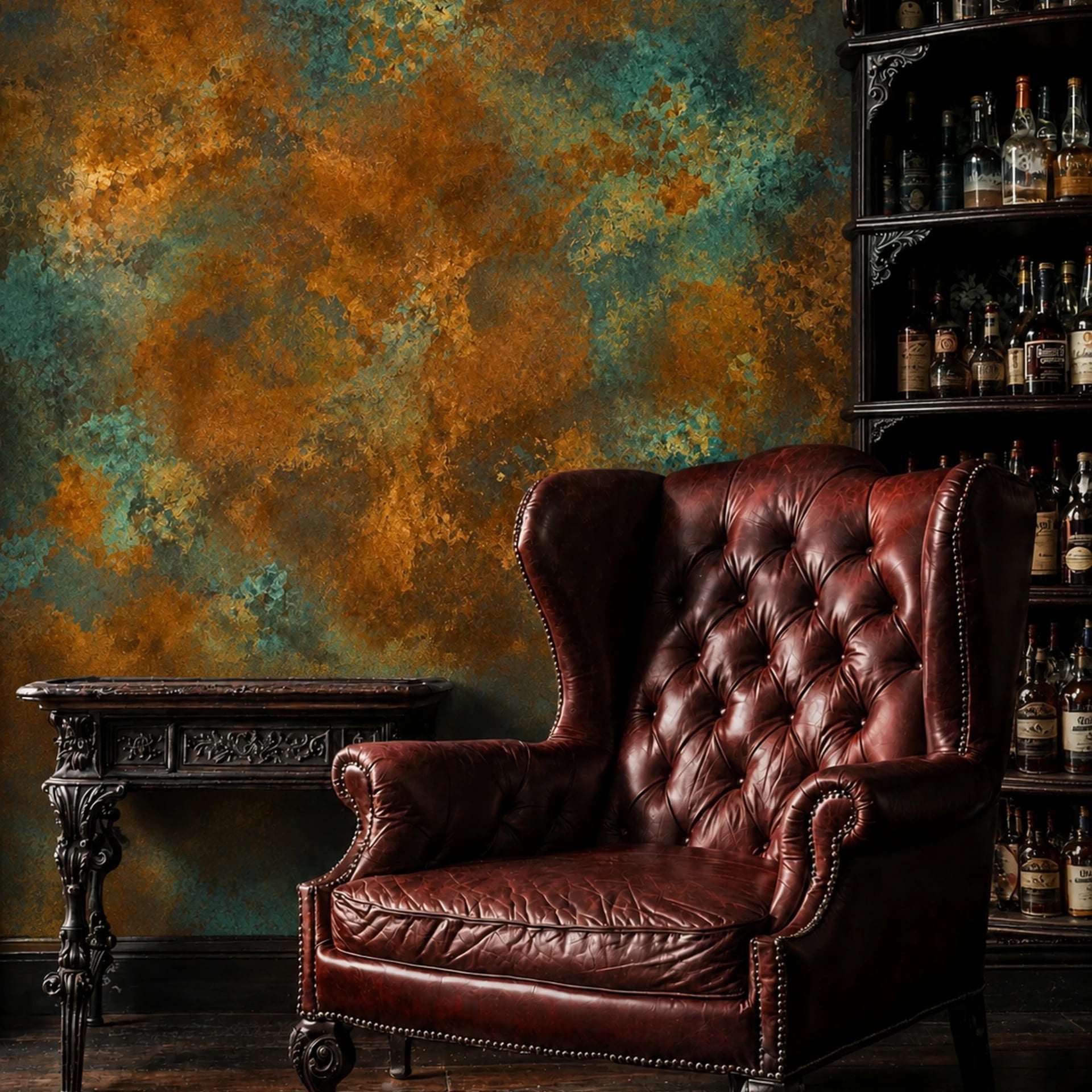 Oxidized Copper Patina wall mural shown in a styled interior, view 2