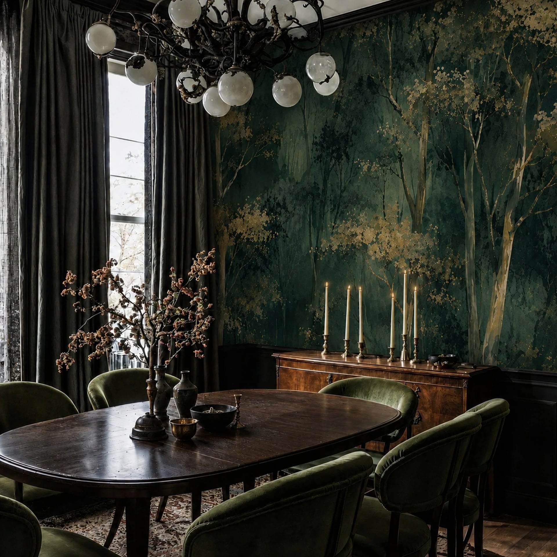 Papier peint panoramique Canopée forestière sombre présenté dans un intérieur décoré, vue 2