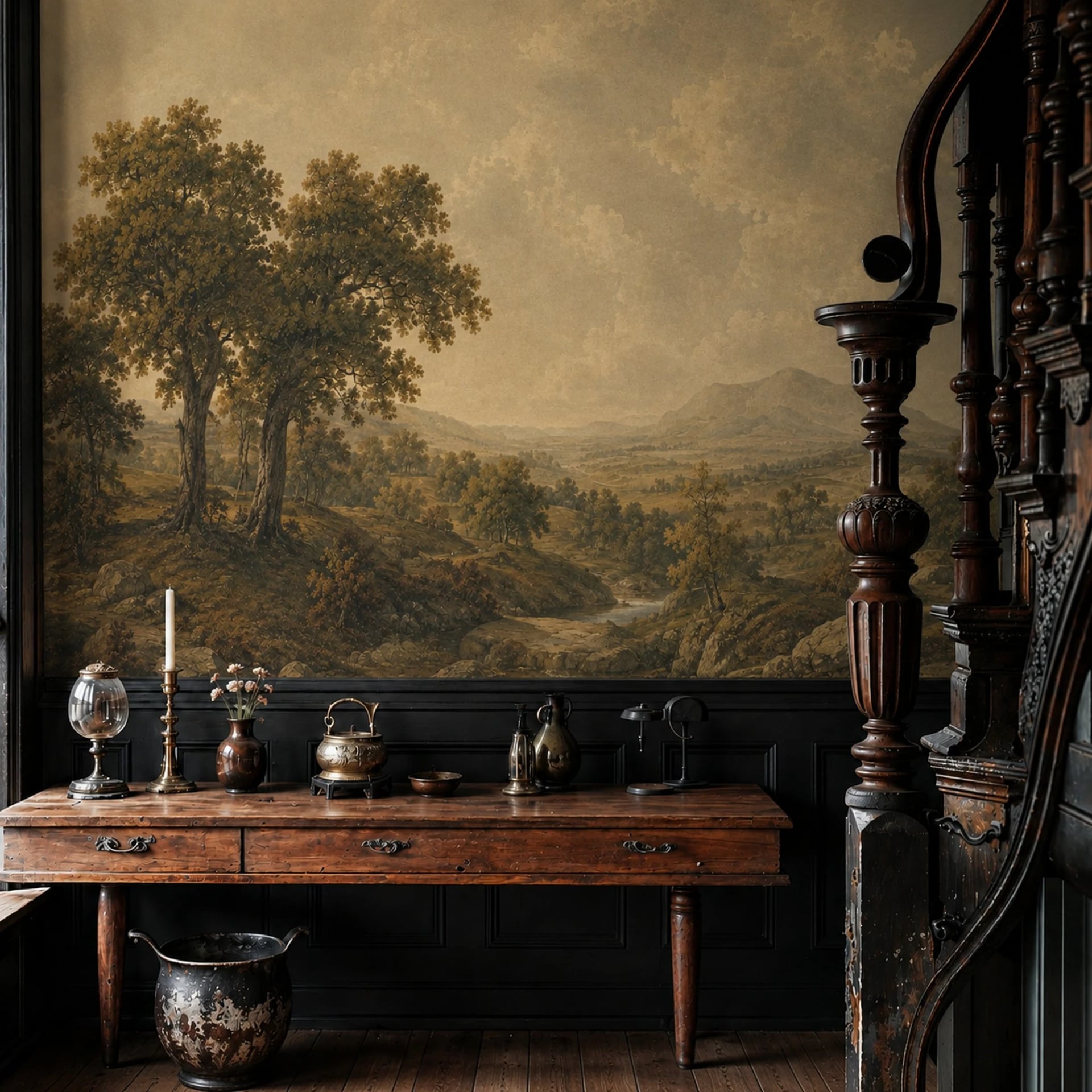 Papier peint panoramique Ruisseau de la vallée pastorale présenté dans un intérieur décoré, vue 2