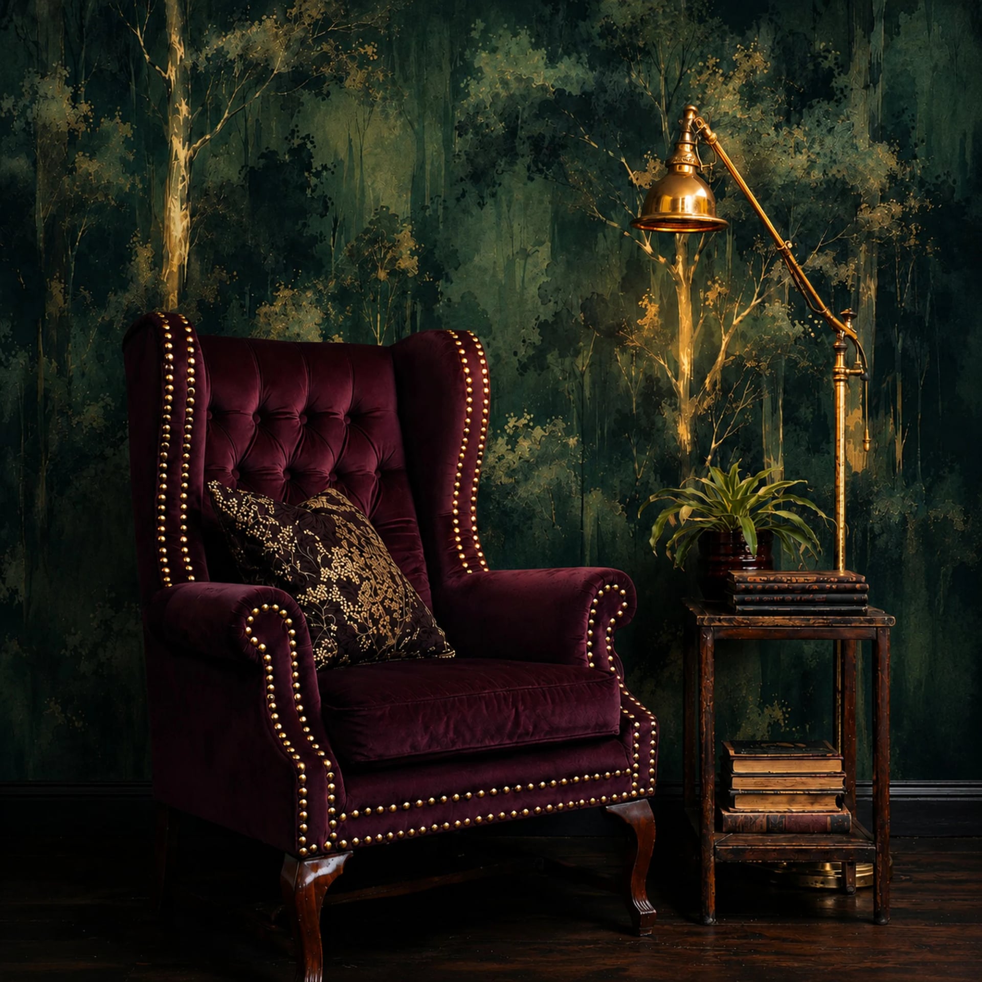 Moody Golden Canopy wall mural shown in a styled interior, view 2