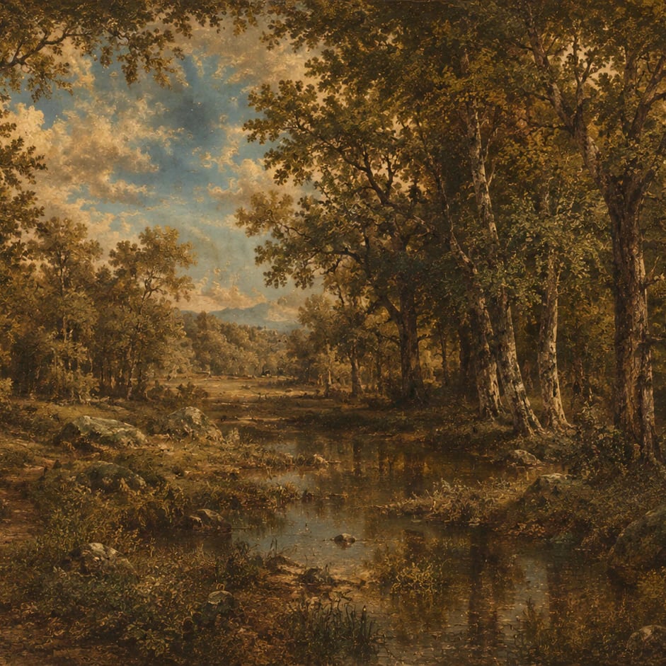 Primer plano del diseño Arroyo del bosque de Barbizon a escala de impresión