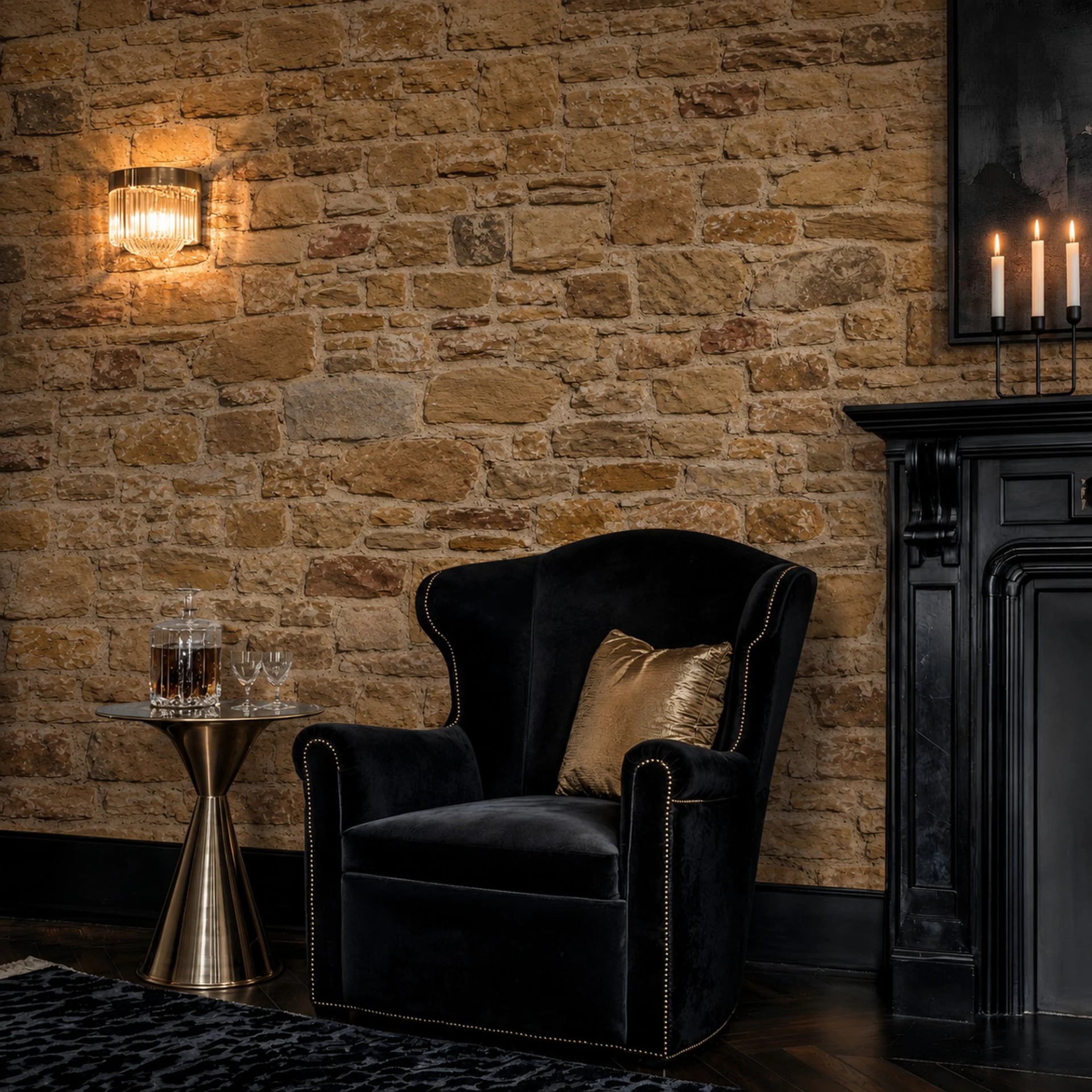 Tuscan Sandstone Masonry wall mural shown in a styled interior, view 2