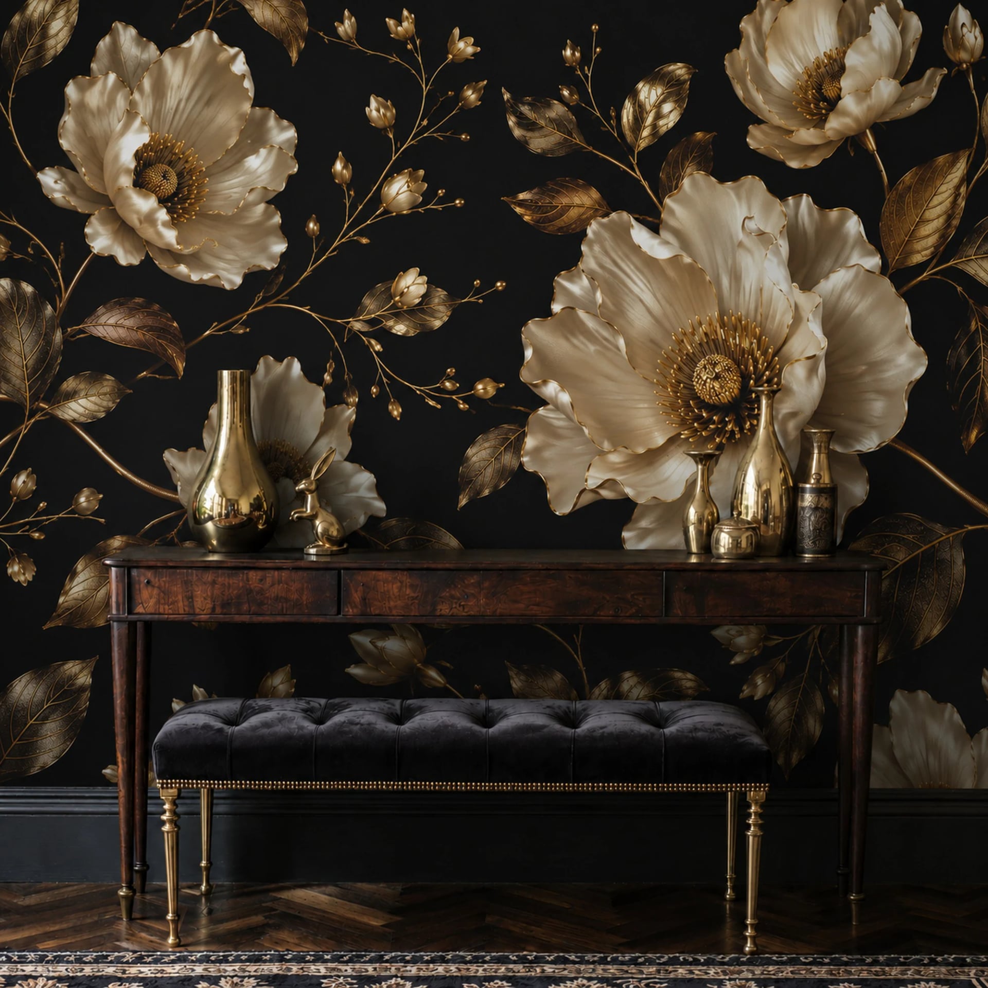 Gilded Pearl Peonies wall mural shown in a styled interior, view 2