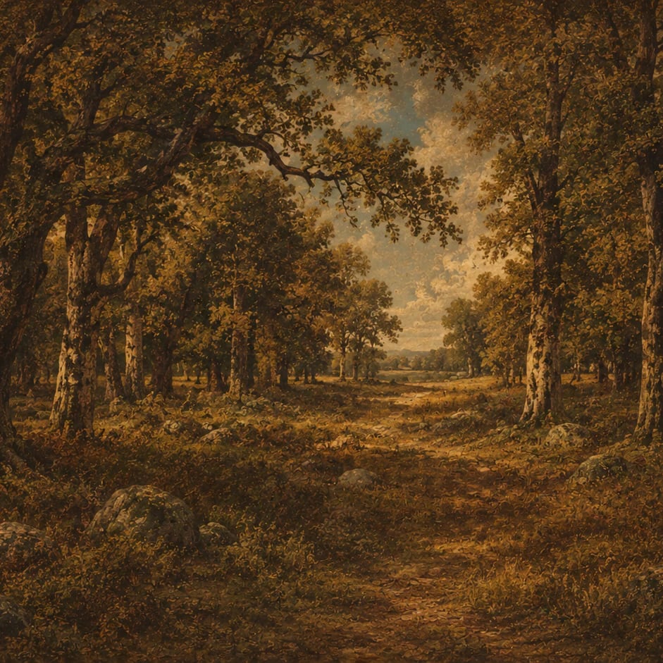 Nahaufnahme des Kunstwerks Waldweg von Fontainebleau im Druckmaßstab