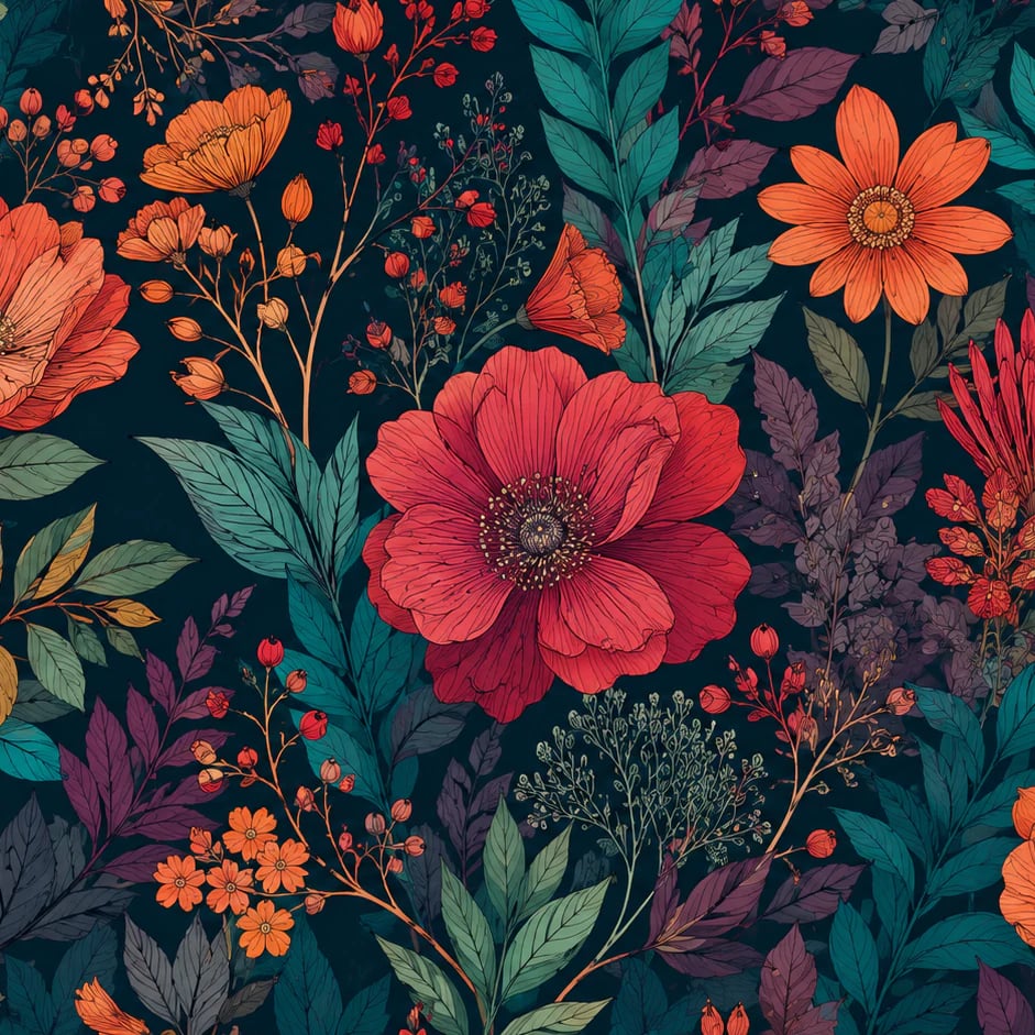 Nahaufnahme des Kunstwerks Karmesinrote Mitternachtsblüte im Druckmaßstab