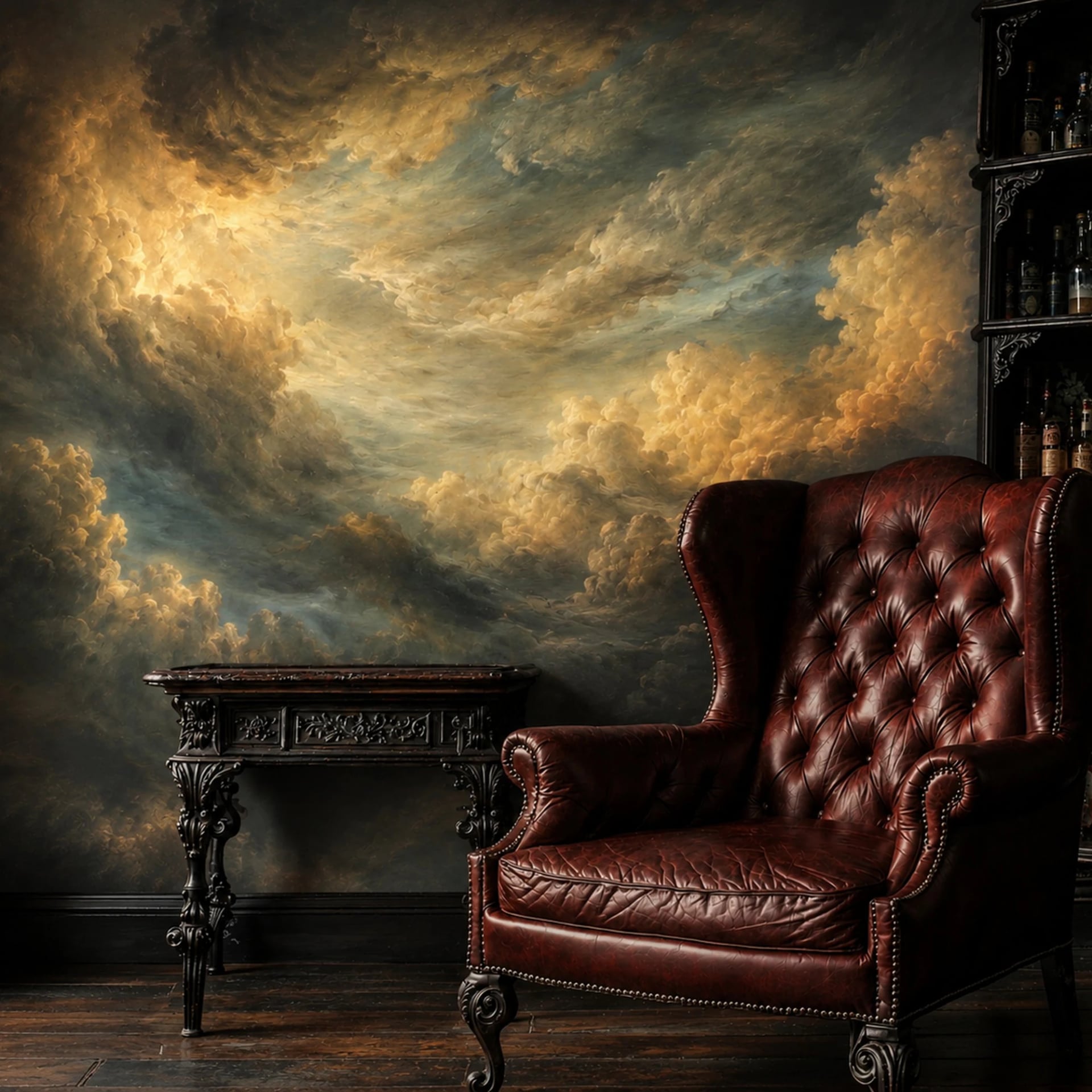 Gilded Storm Clouds wall mural shown in a styled interior, view 2
