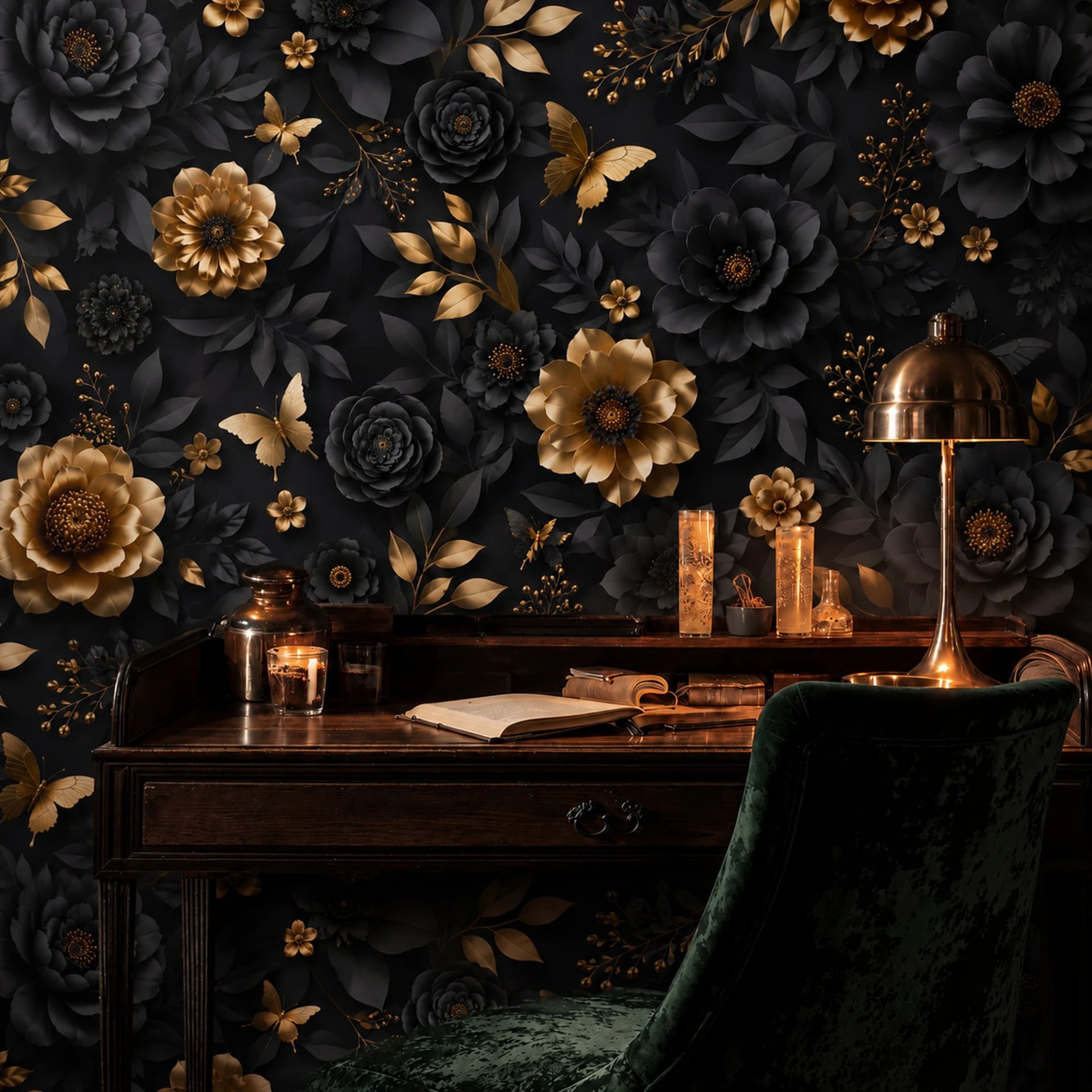 Midnight Gilded Blooms wall mural shown in a styled interior, view 2