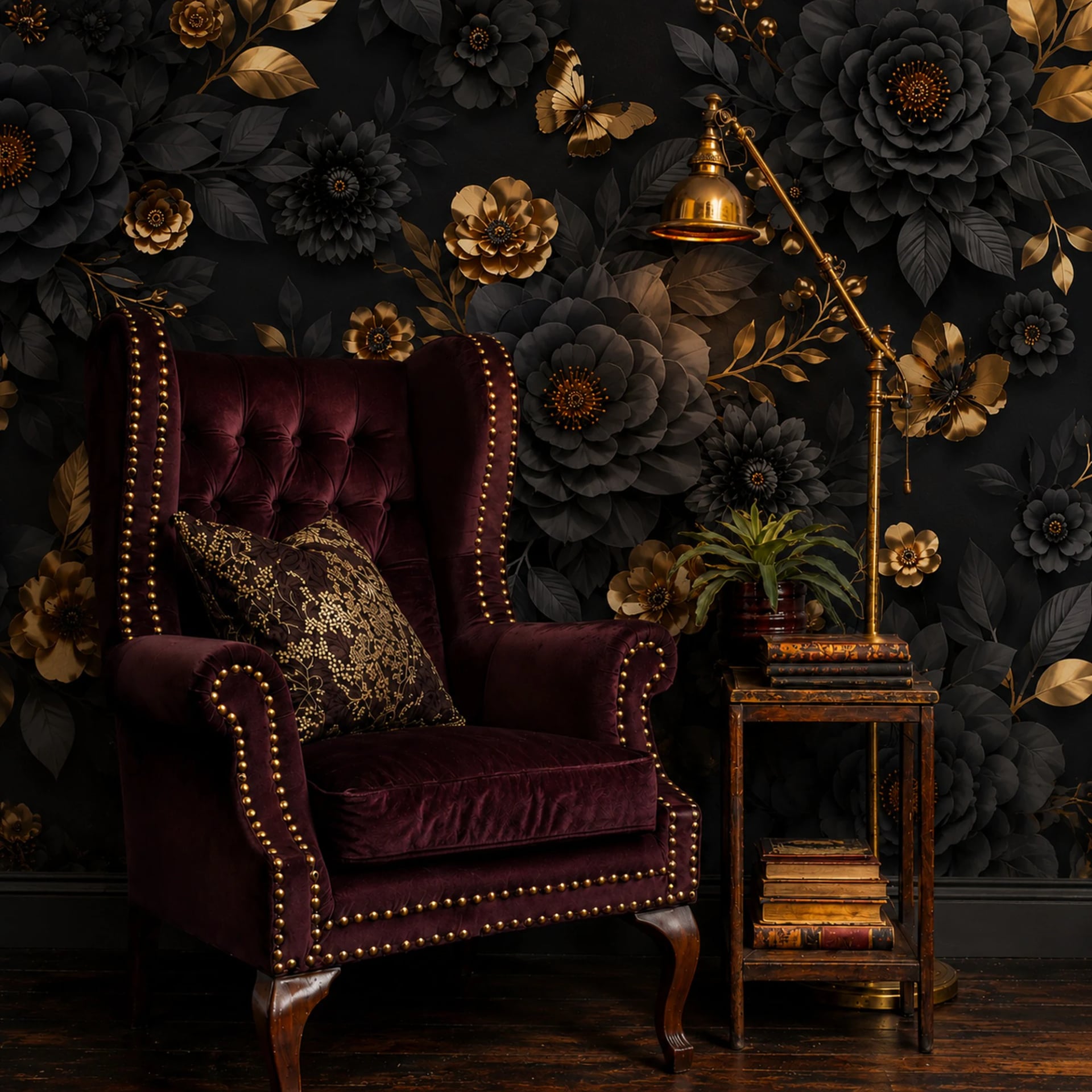 Papier peint panoramique Fleur dorée de minuit présenté dans un intérieur décoré, vue 2