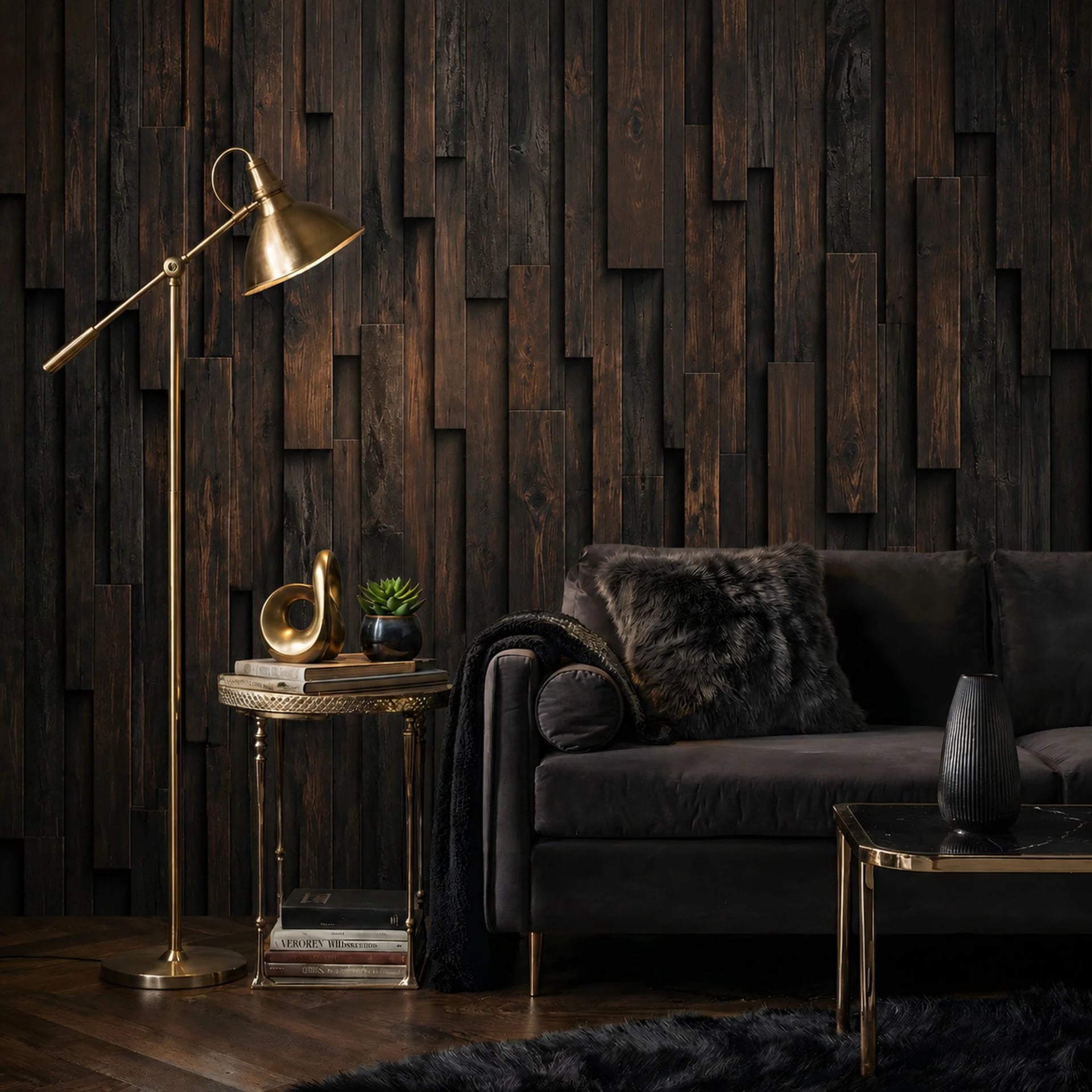 Fotomural Listones de madera quemada en un interior decorado, vista 2