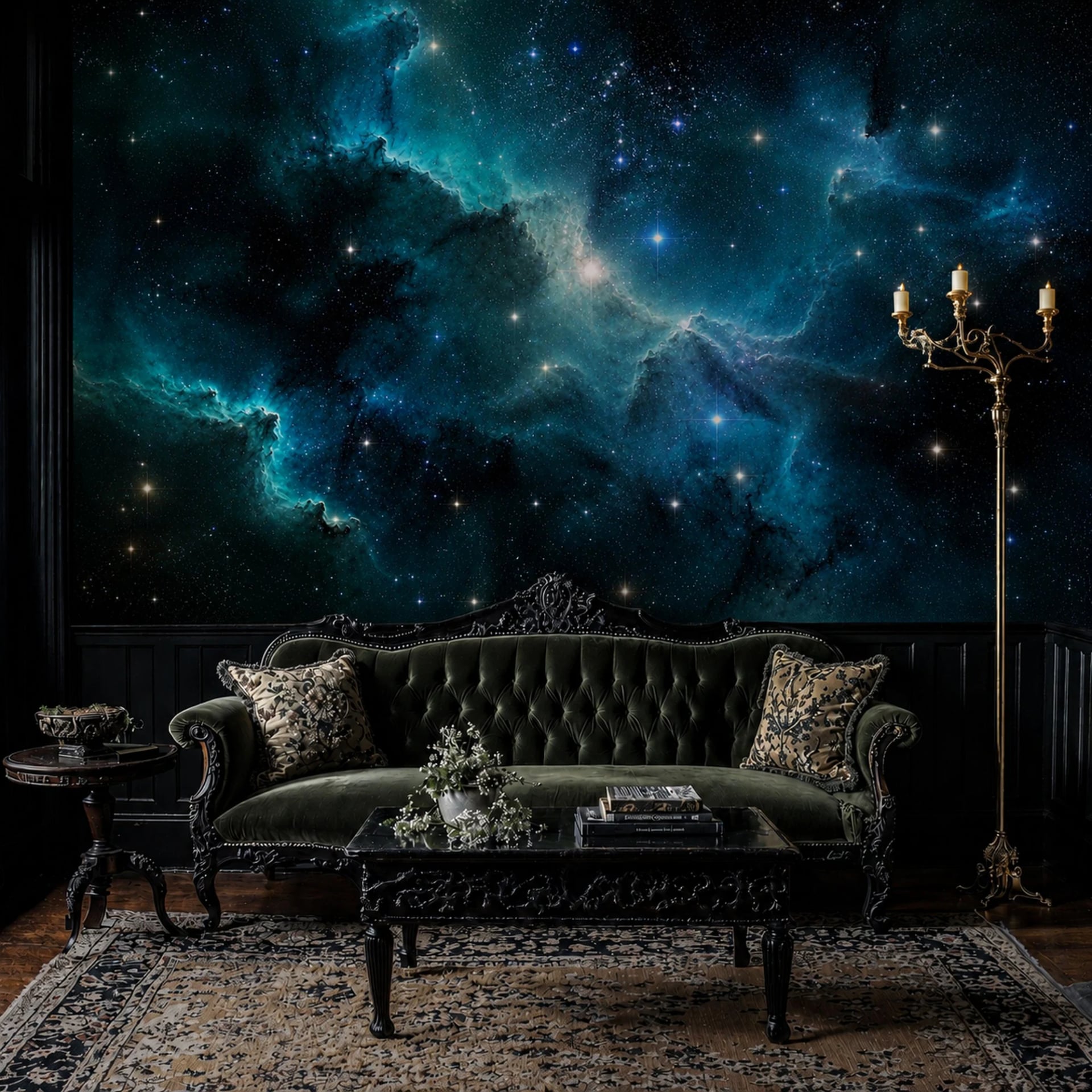 Teal Nebula Celestial wall mural shown in a styled interior, view 2