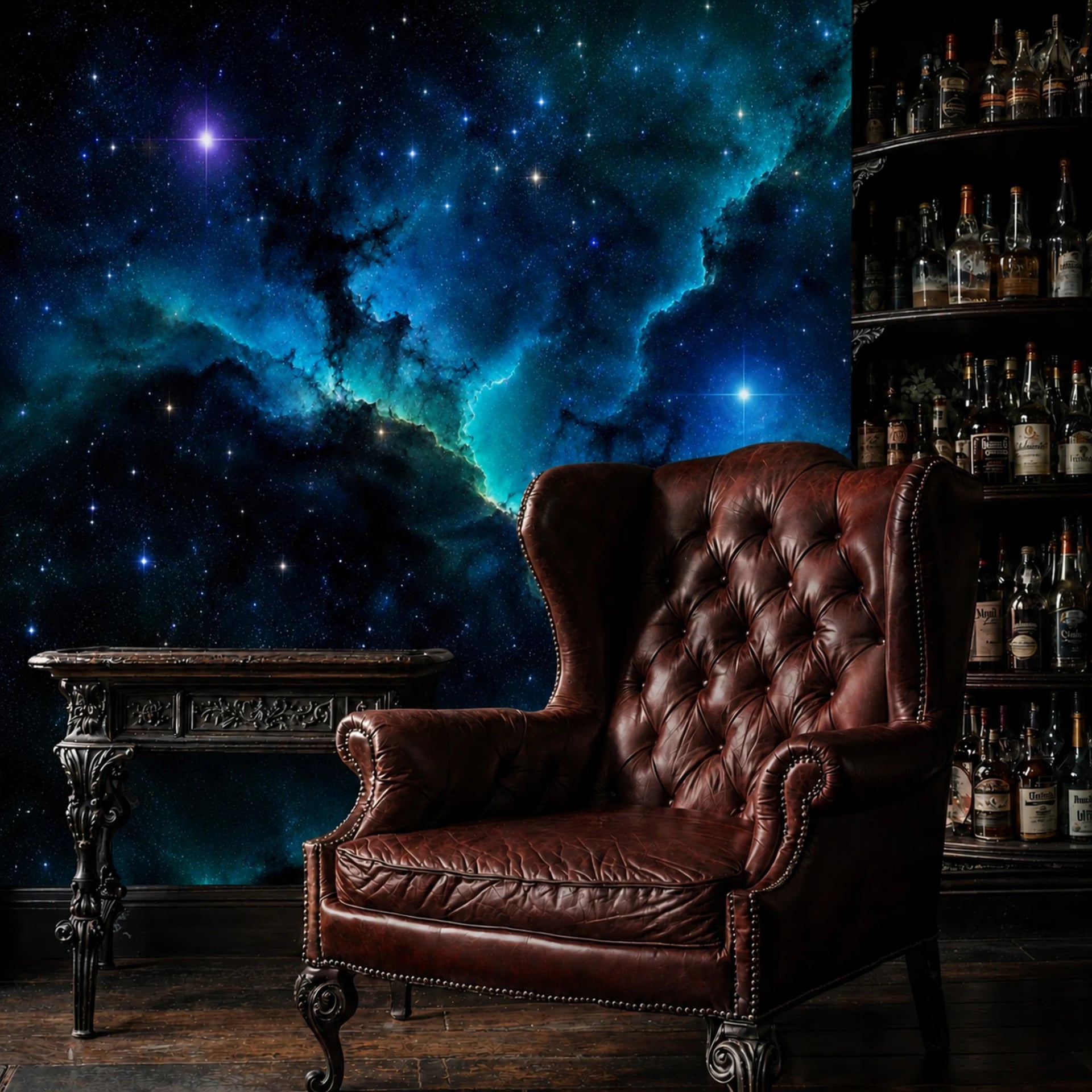 Teal Nebula Horizon wall mural shown in a styled interior, view 2