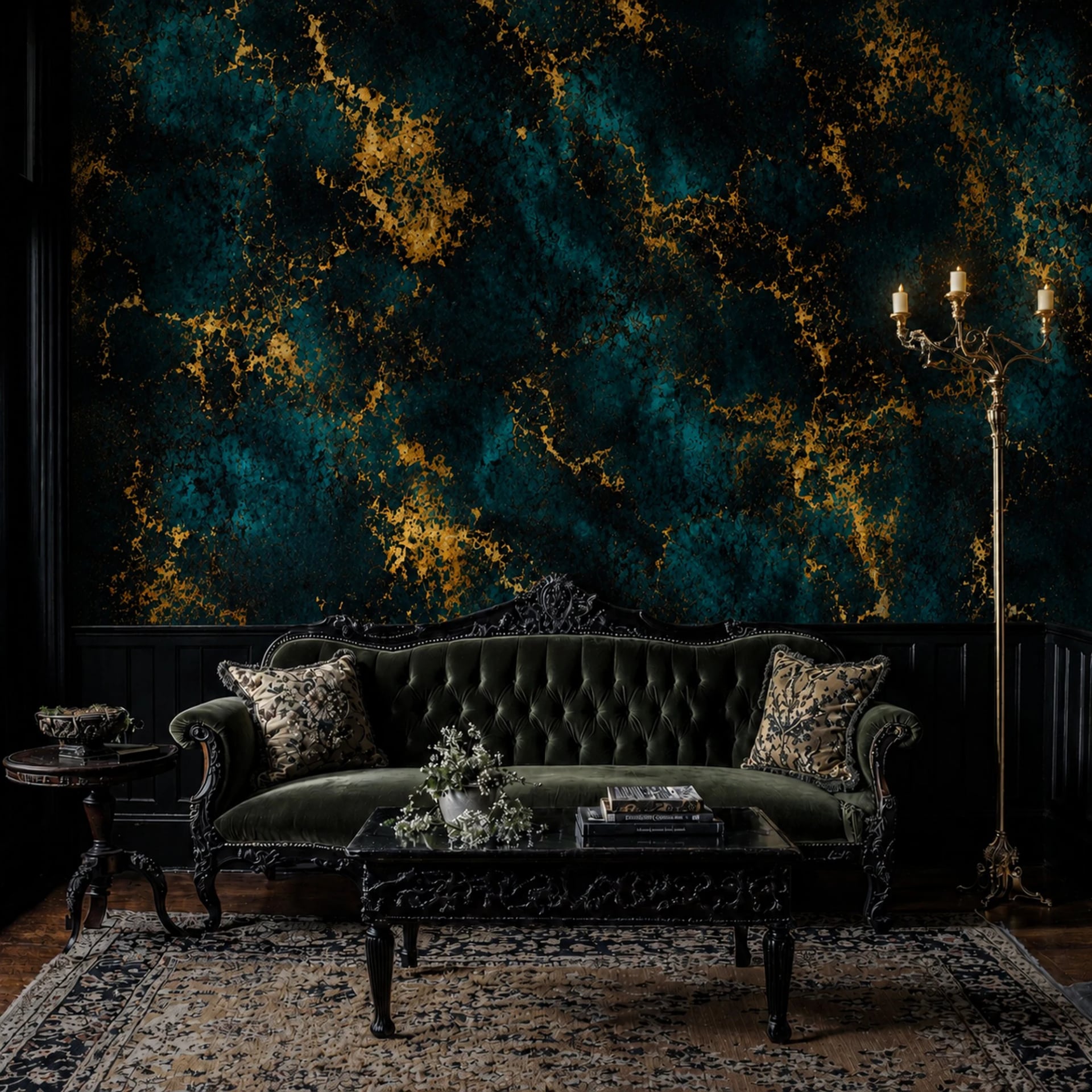 Teal Gold Kintsugi wall mural shown in a styled interior, view 2