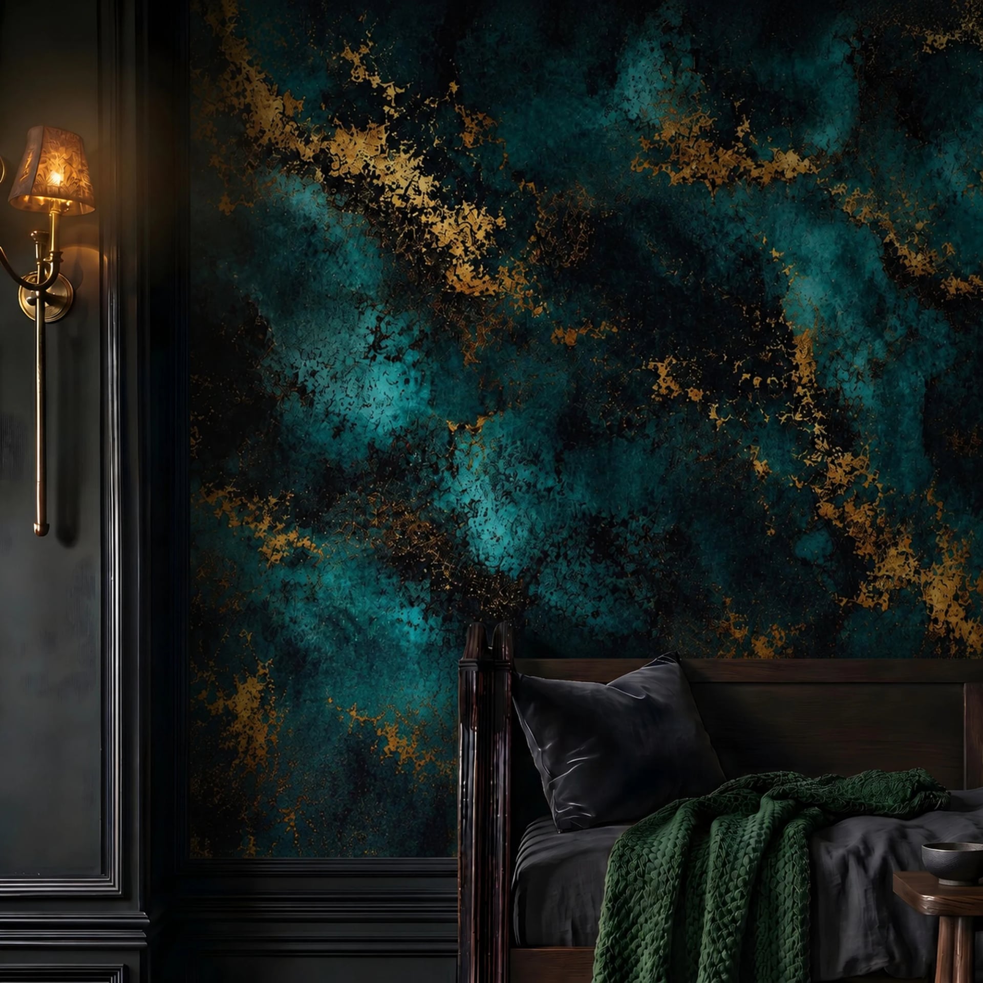Papier peint panoramique Agate Dorée Bleu Sarcelle présenté dans un intérieur décoré, vue 2