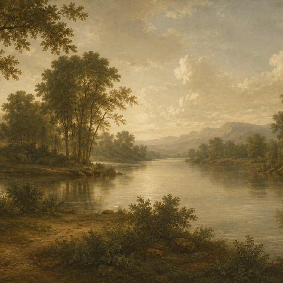 Primer plano del diseño Atardecer en el valle fluvial a escala de impresión