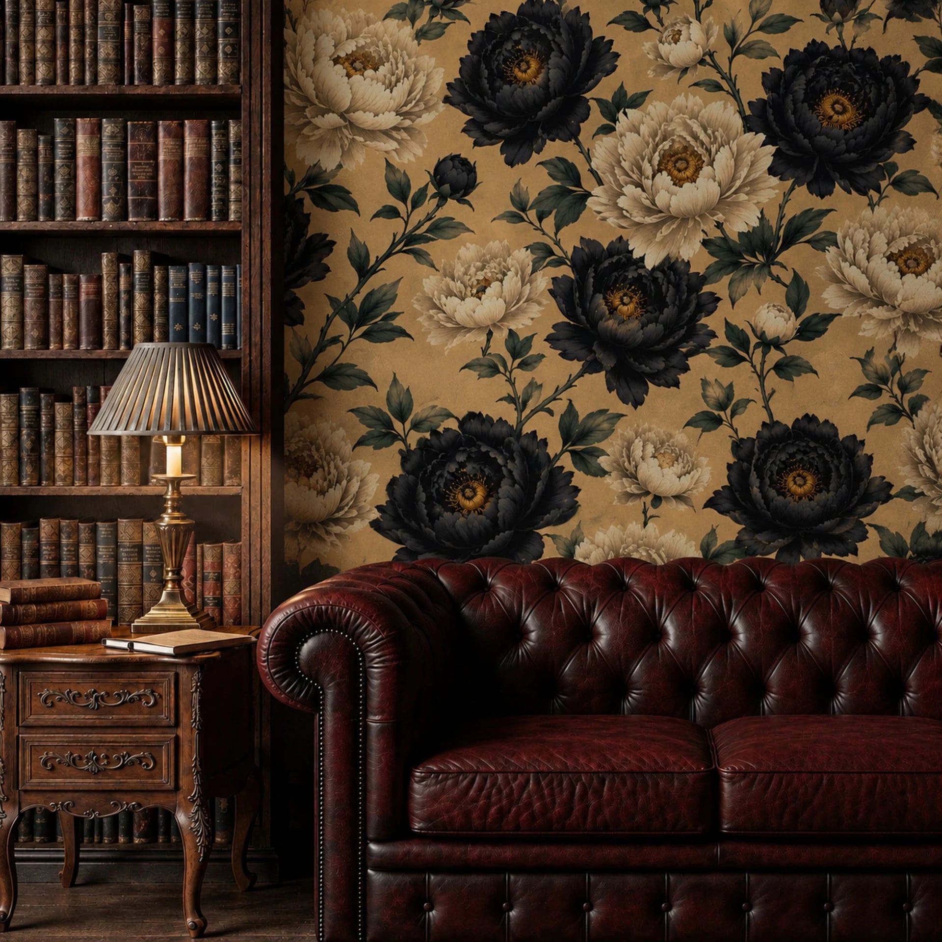 Onyx Peony Bloom wall mural shown in a styled interior, view 2