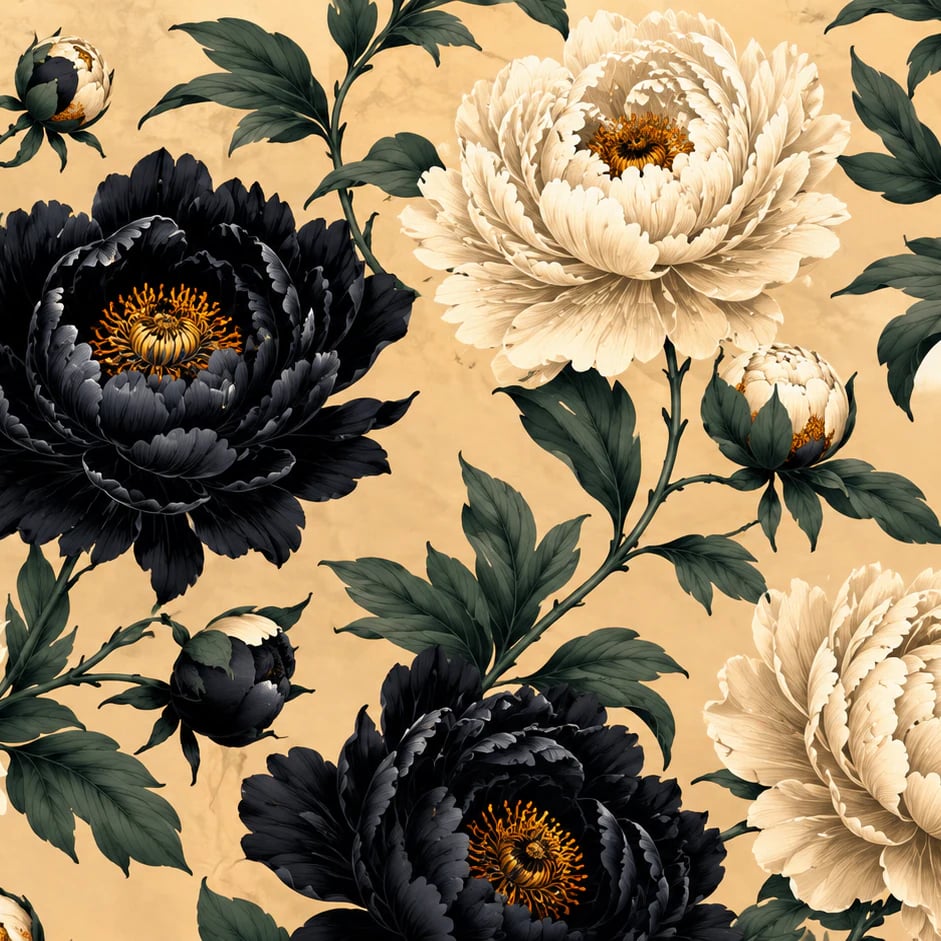 Gros plan sur le motif Éclosion d'Onyx et Pivoines à l'échelle d'impression