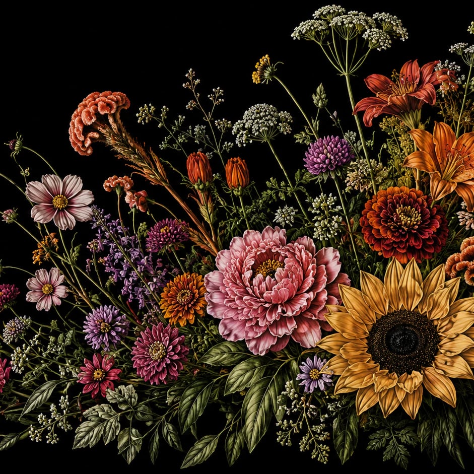 Gros plan sur le motif Pivoine et Tournesol Flamands à l'échelle d'impression