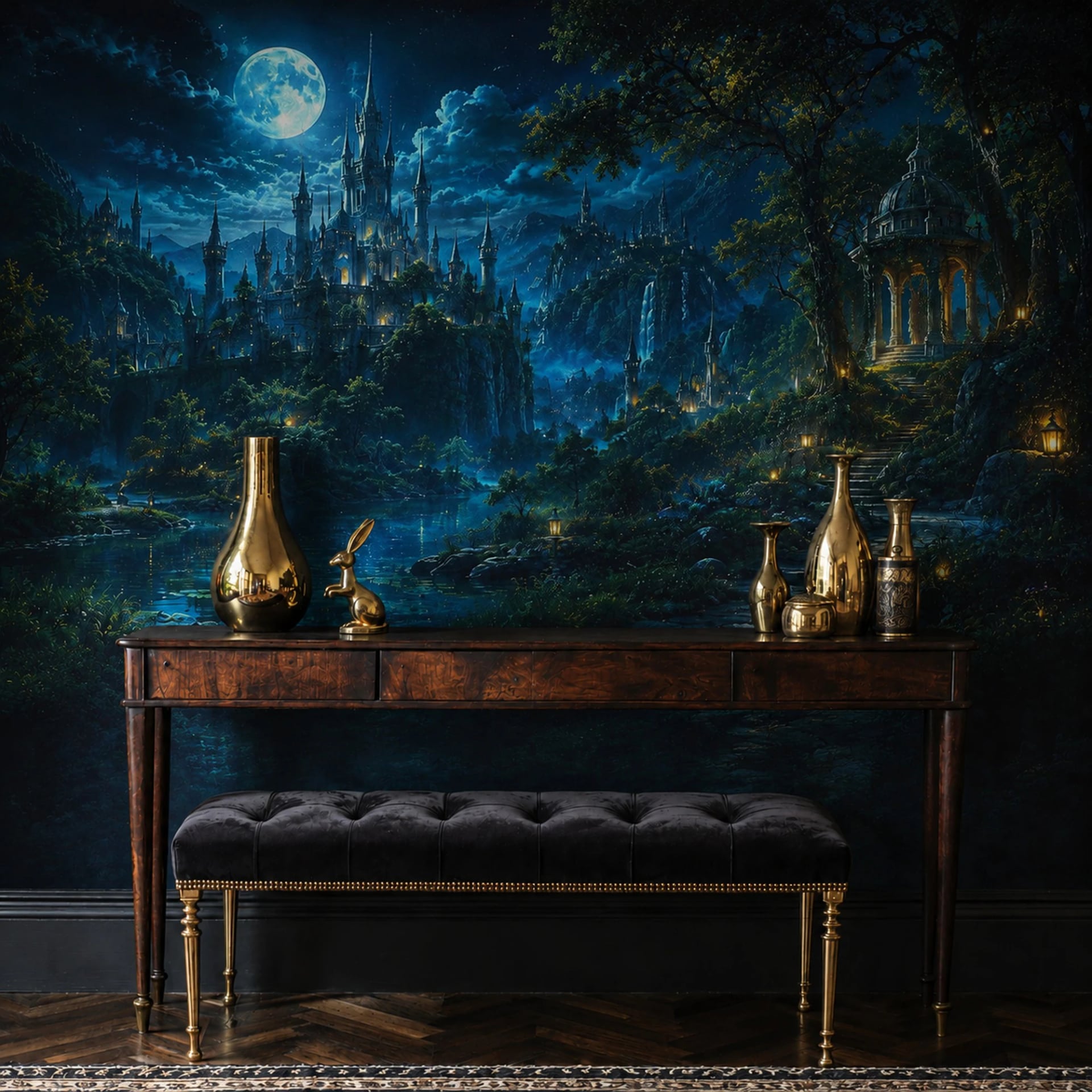Moonlit Castle Gazebo wall mural shown in a styled interior, view 2