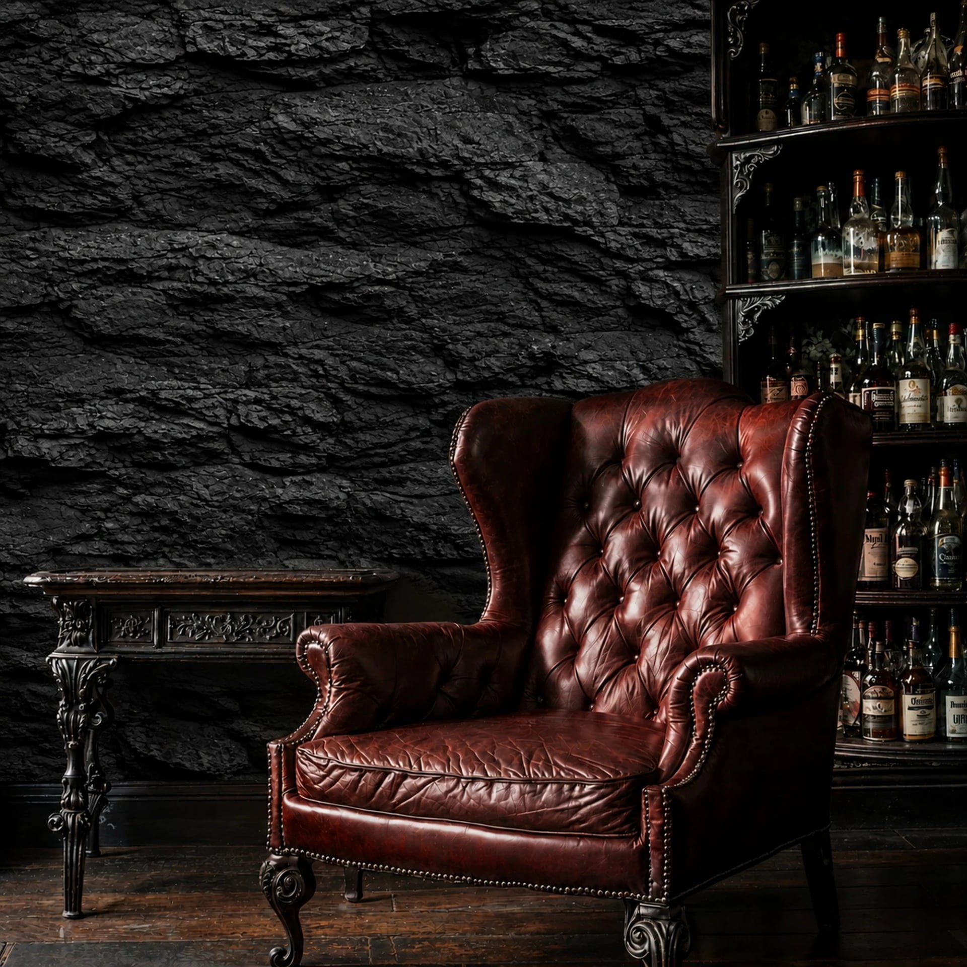 Chiseled Black Slate wall mural shown in a styled interior, view 2