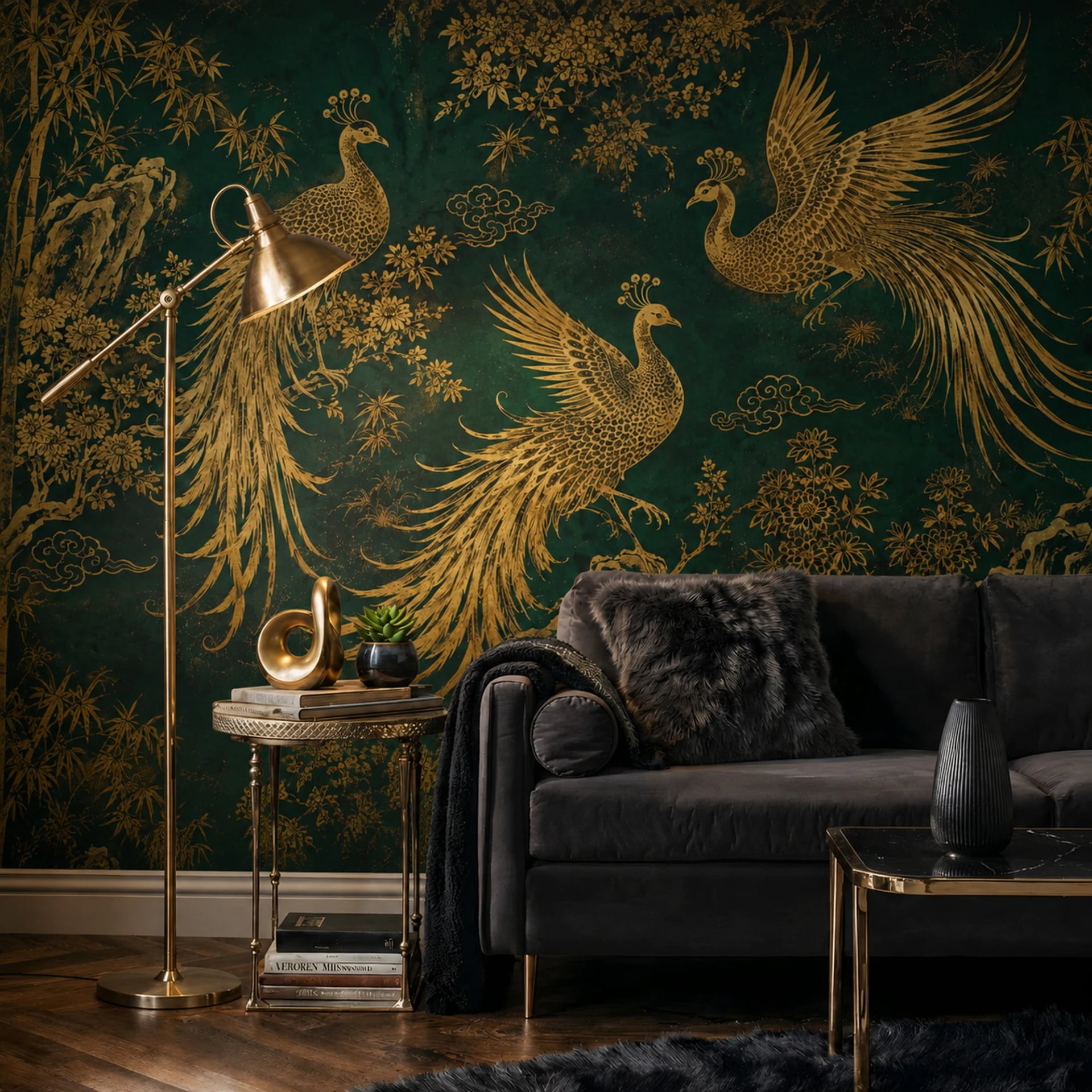 Imperial Gold Peacock wall mural shown in a styled interior, view 2