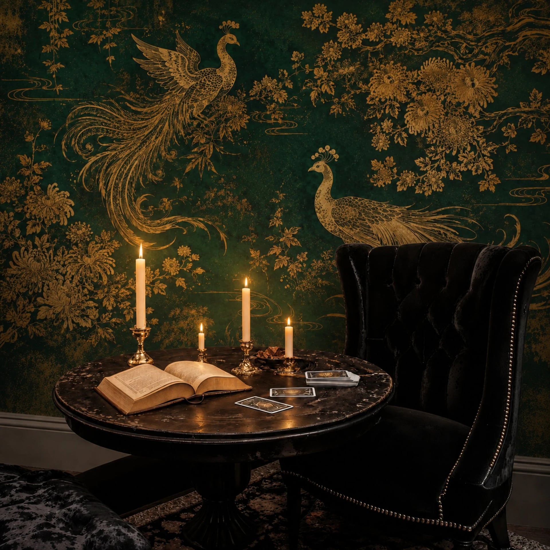 Emerald Golden Peacock wall mural shown in a styled interior, view 2