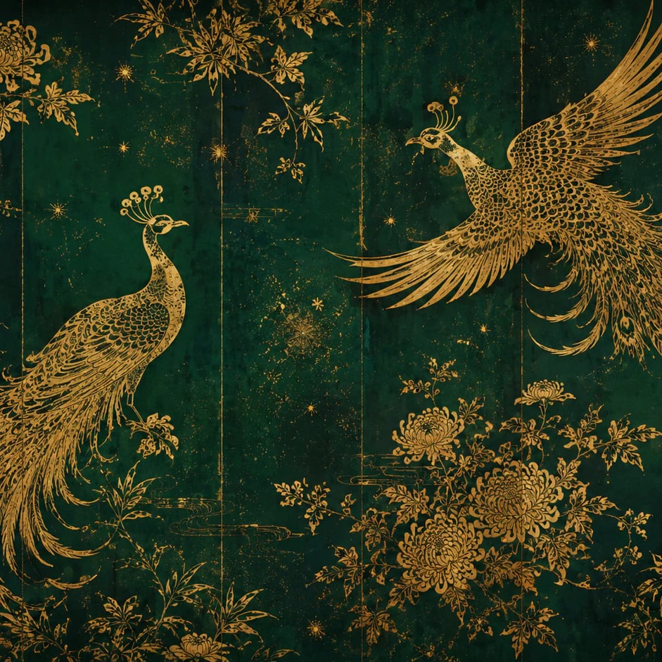Close-up of the Golden Peacock Emerald artwork at printed scale