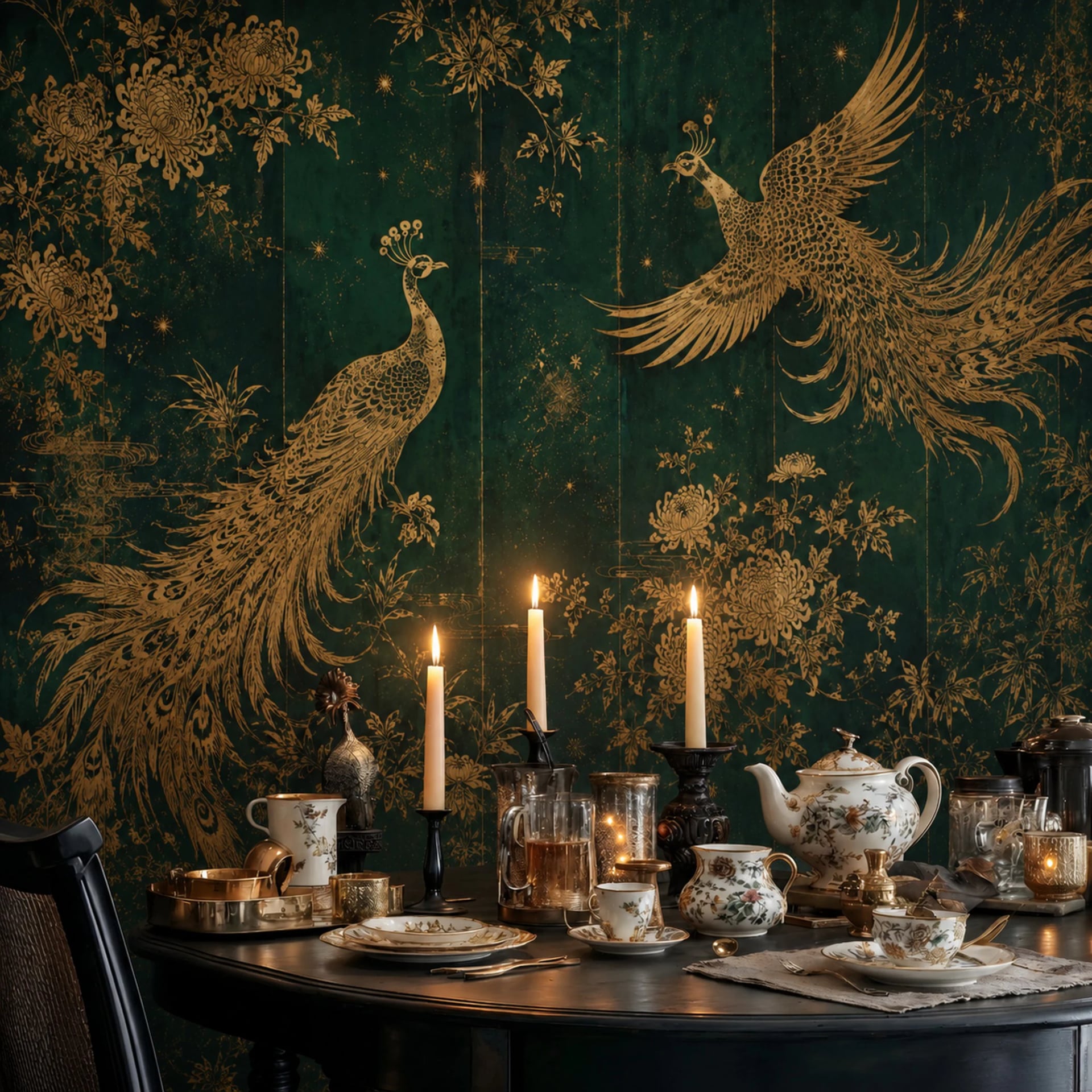 Golden Peacock Emerald wall mural shown in a styled interior, view 2
