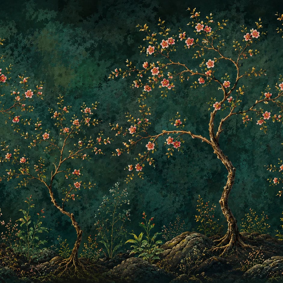 Primer plano del diseño Arboleda en flor esmeralda a escala de impresión
