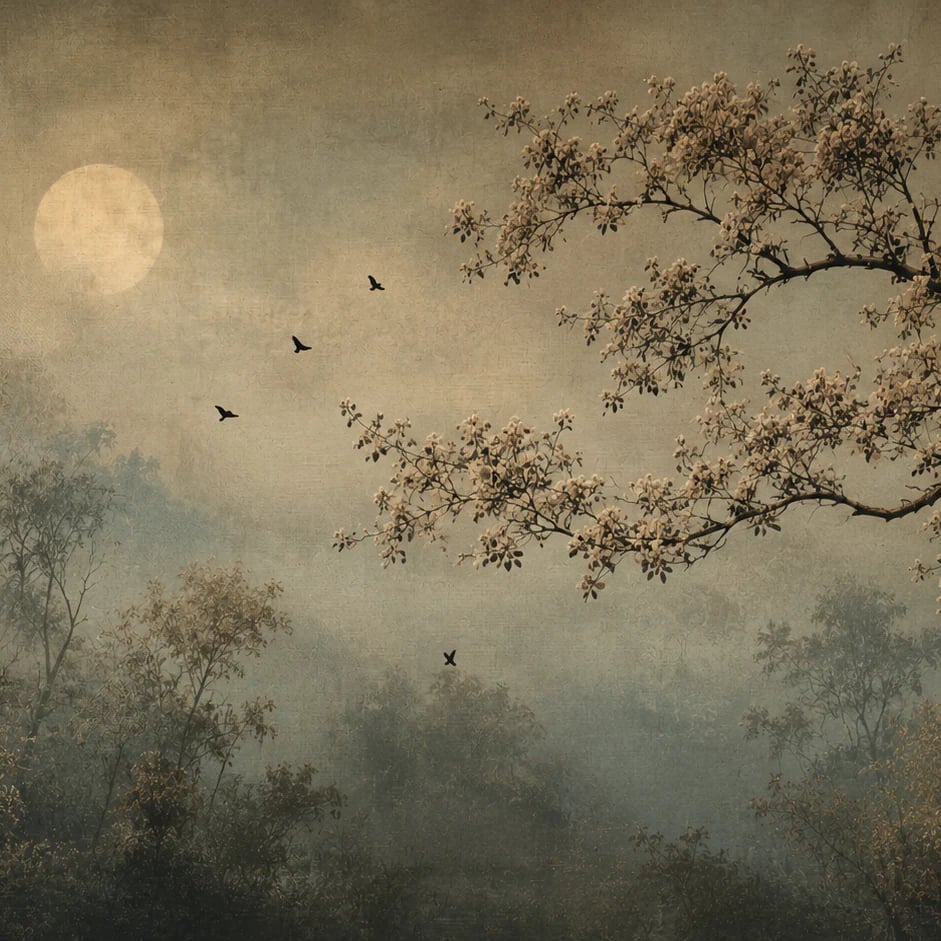 Primer plano del diseño Flores bajo la luna llena a escala de impresión