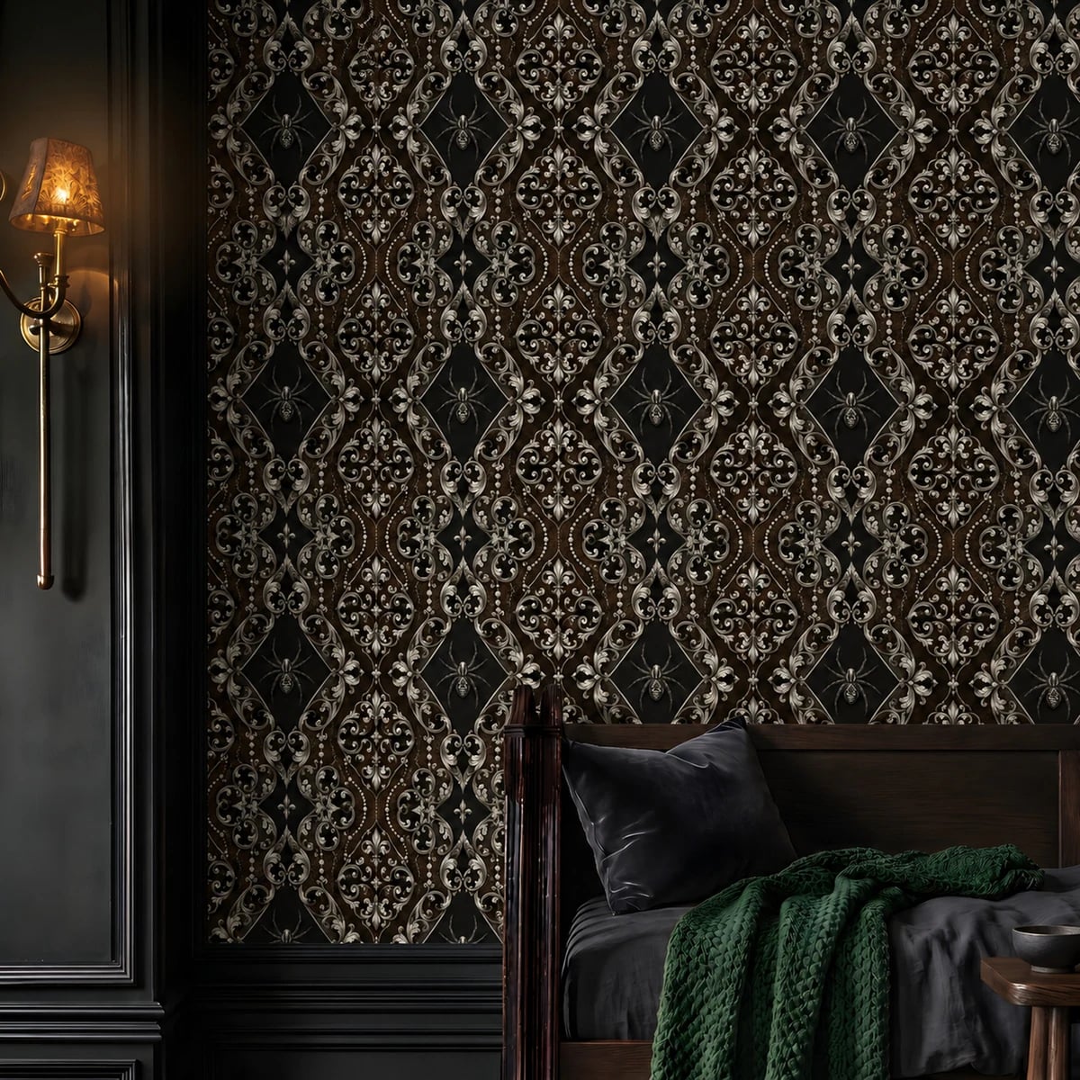 Close-up of the Gothic Spider Damask artwork at printed scale