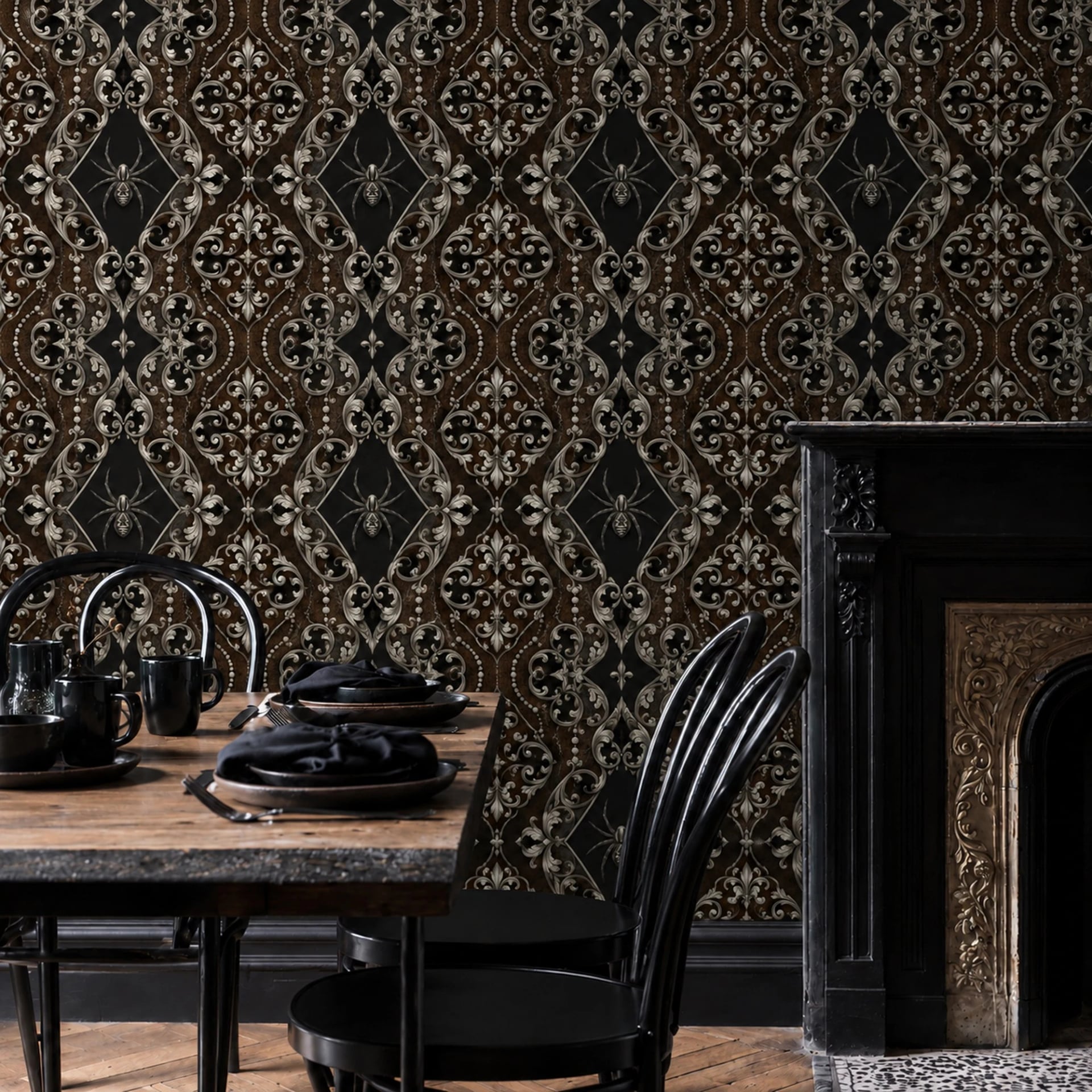 Gothic Spider Damask wall mural shown in a styled interior, view 2