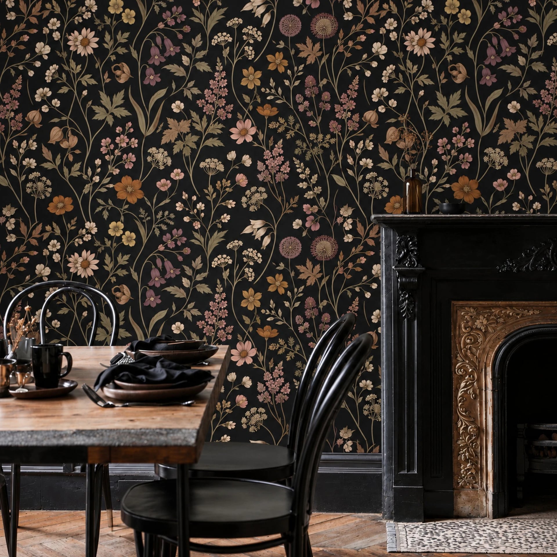 Midnight Wildflower Meadow wall mural shown in a styled interior, view 2
