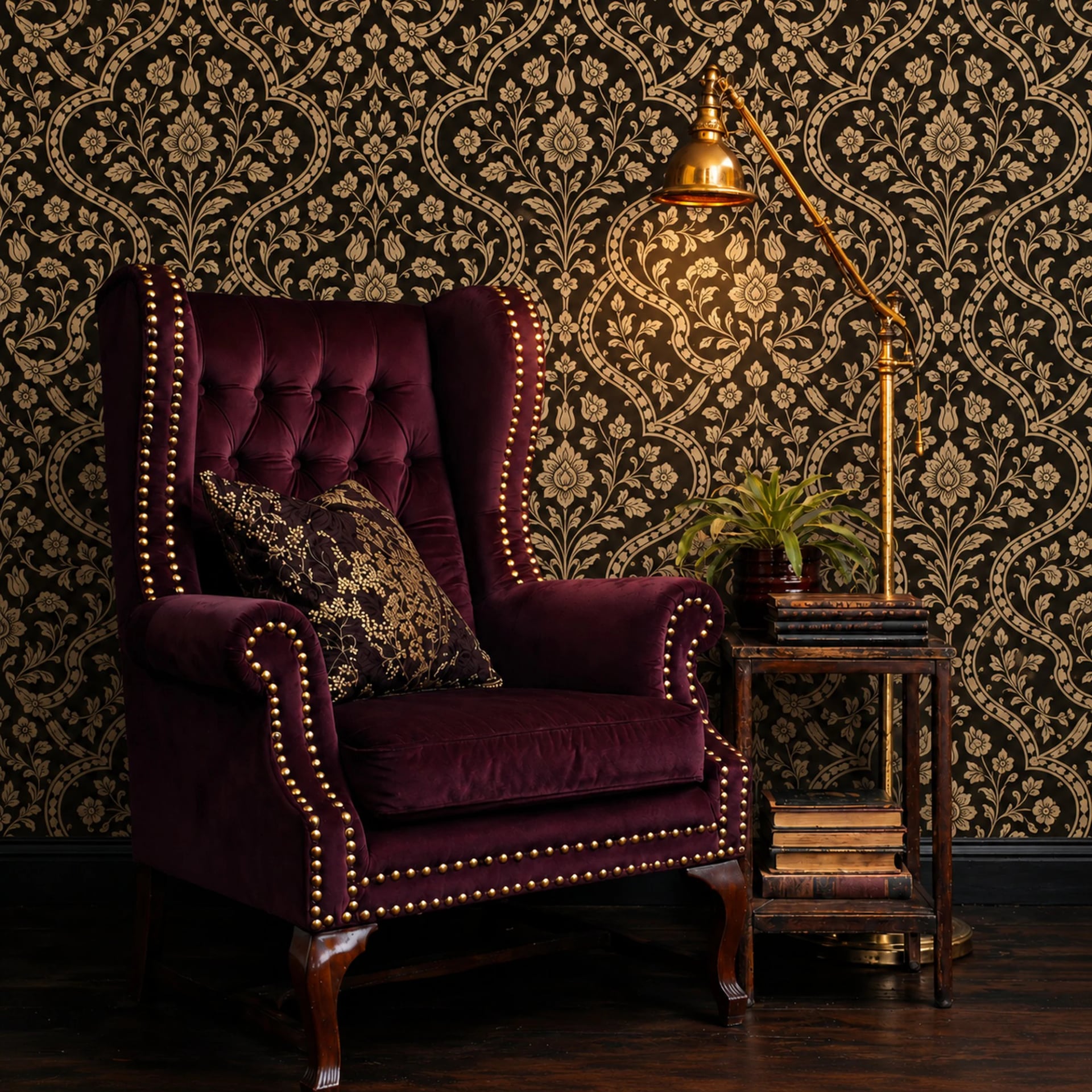 Gilded Damask Filigree wall mural shown in a styled interior, view 2