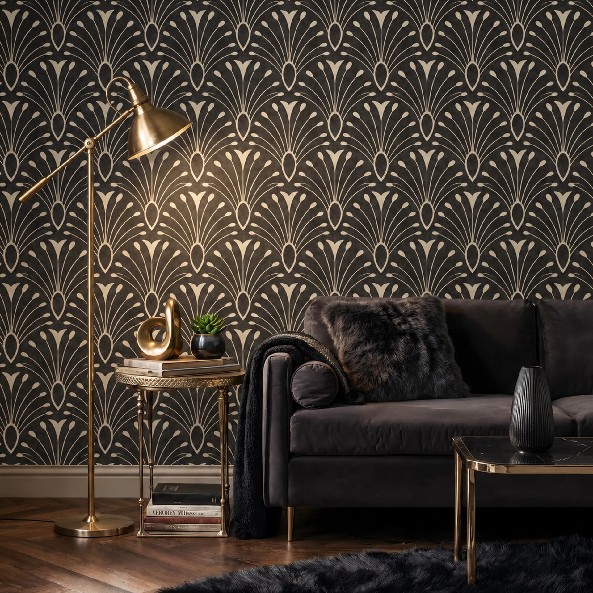 Deco Palmette Fan wall mural shown in a styled interior, view 2