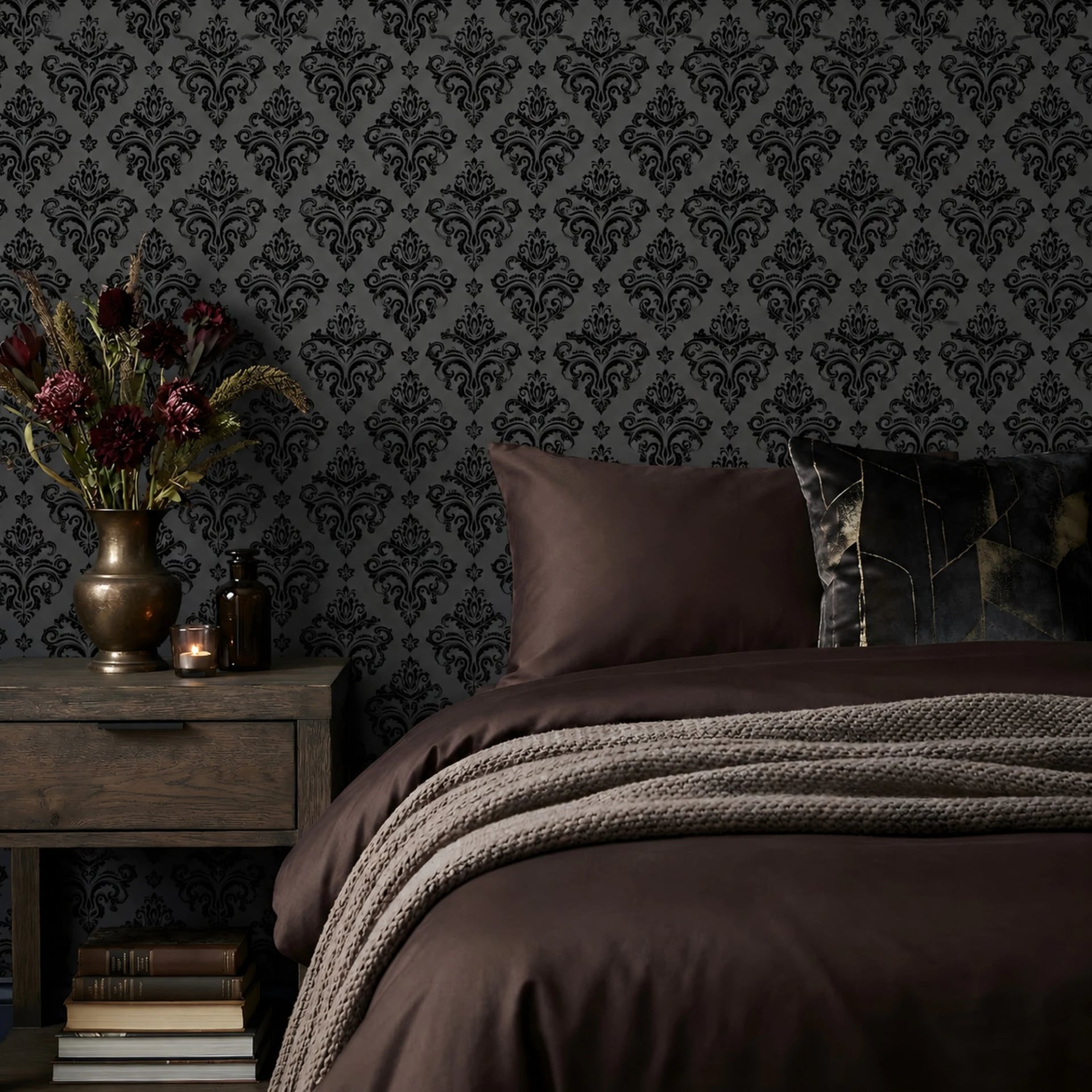 Charcoal Baroque Damask wall mural shown in a styled interior, view 2