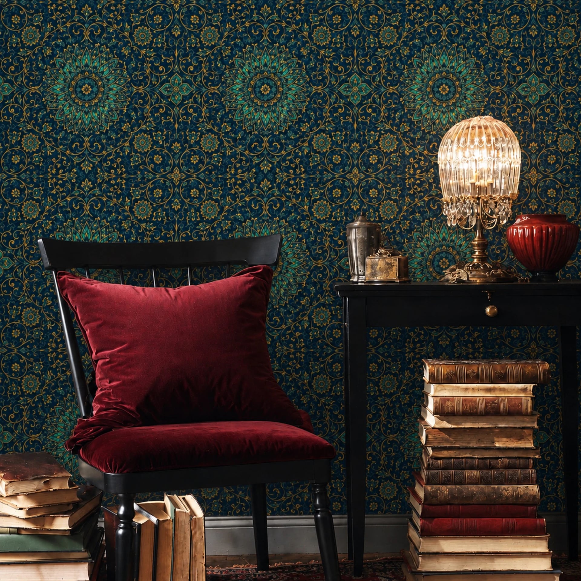 Ornate Teal Mandala wall mural shown in a styled interior, view 2