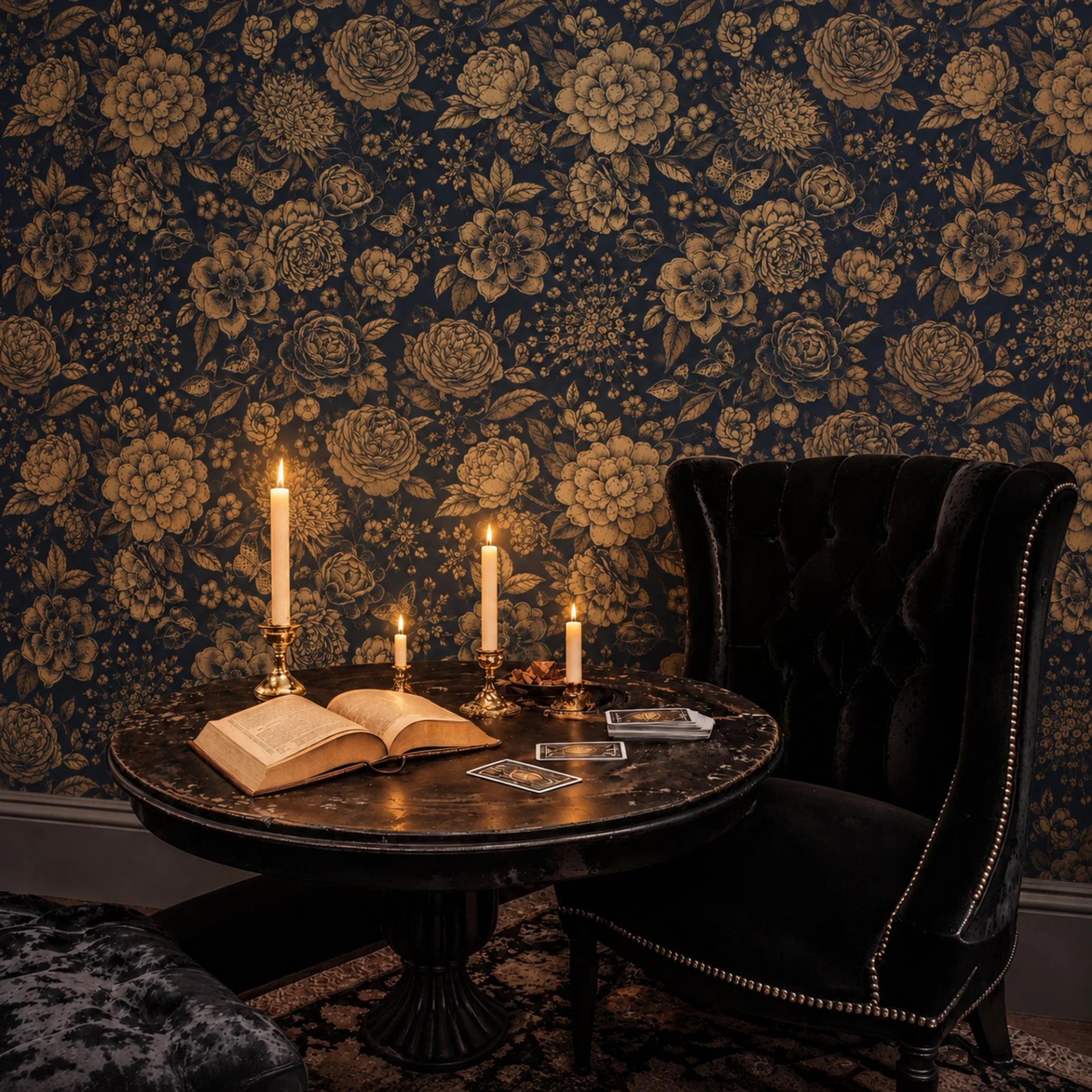 Papier peint panoramique Fleur dorée de minuit présenté dans un intérieur décoré, vue 2