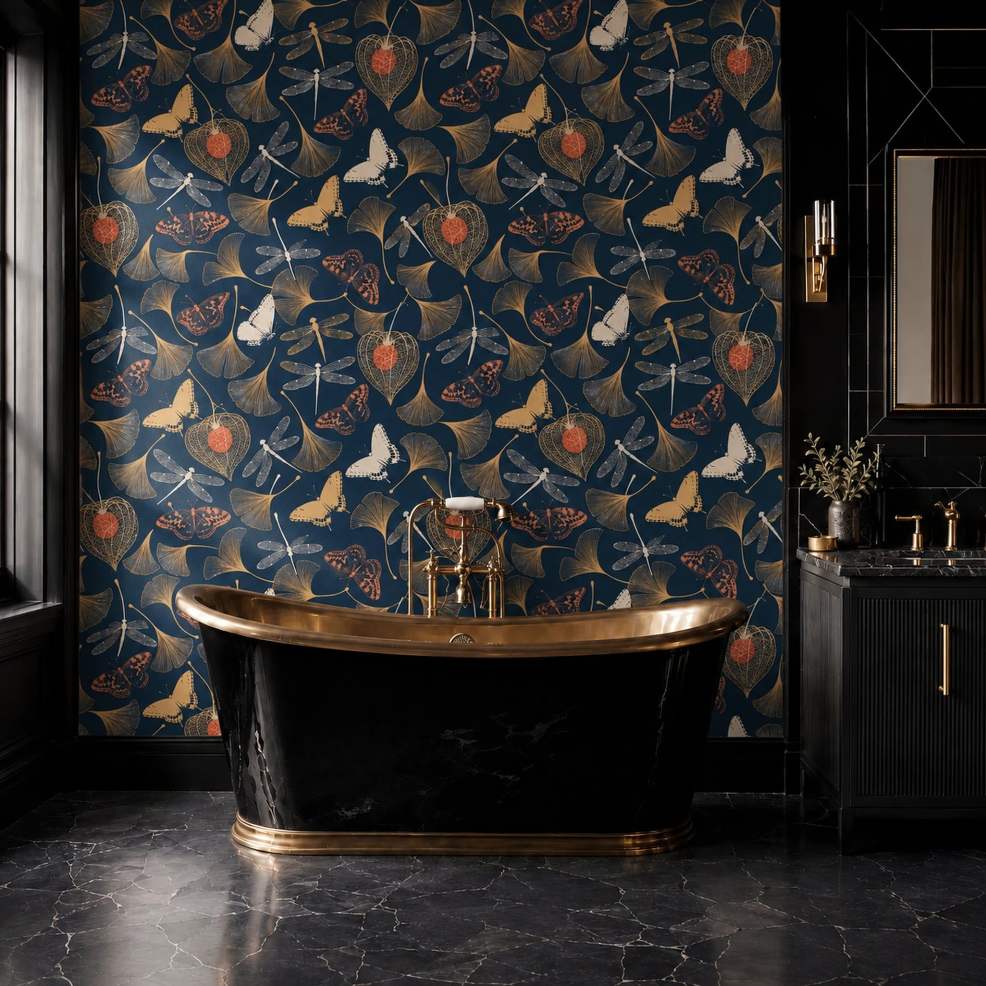 Physalis and Dragonfly wall mural shown in a styled interior, view 2