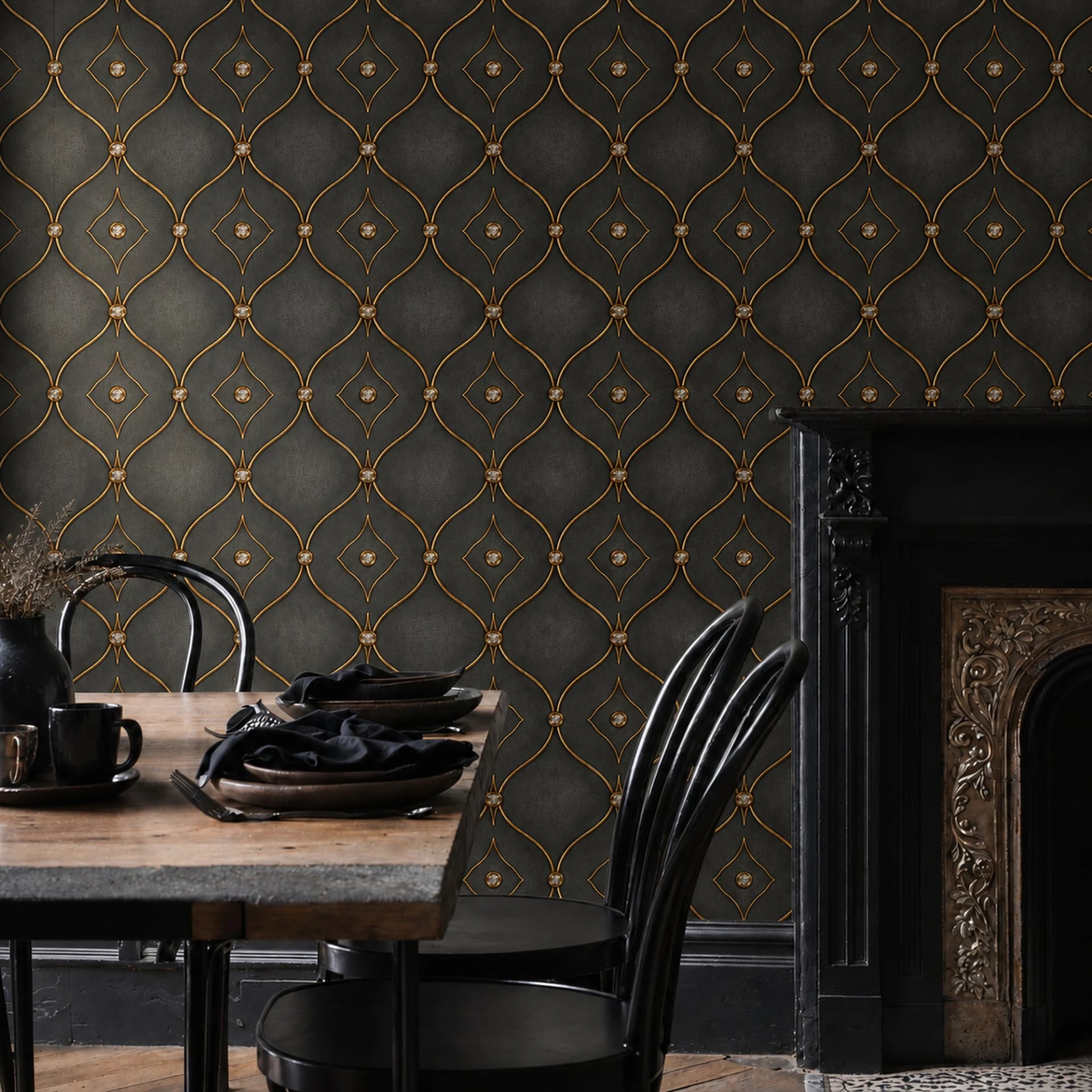 Gilded Trellis Charcoal wall mural shown in a styled interior, view 2
