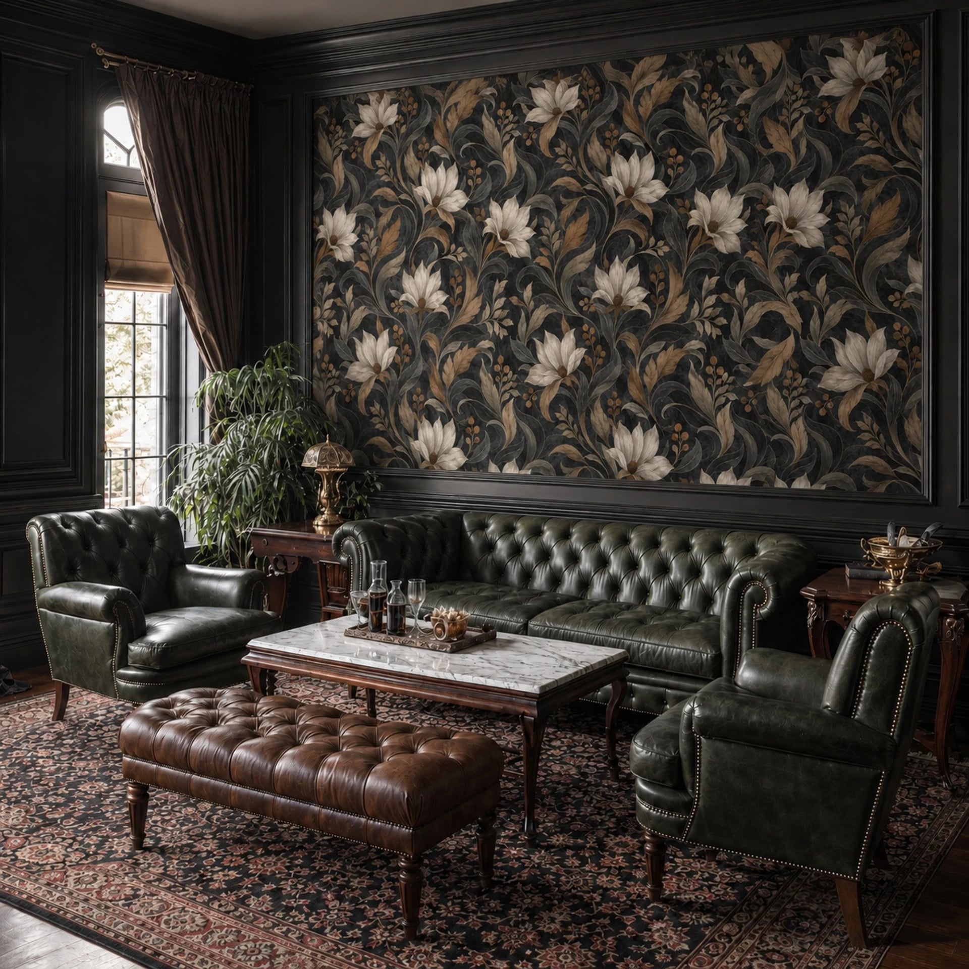 Papier peint panoramique Tapisserie sépia aux magnolias présenté dans un intérieur décoré, vue 2