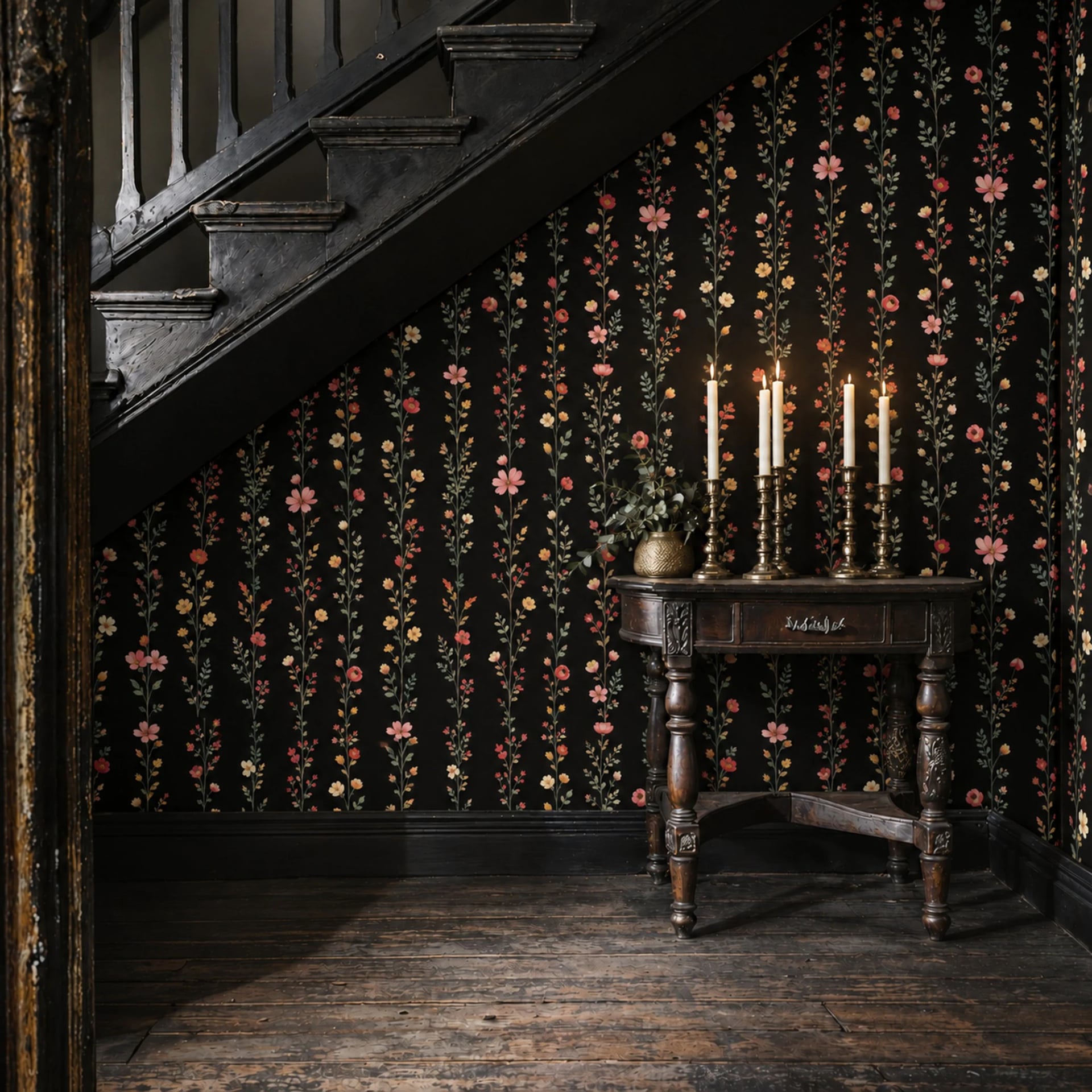Midnight Wildflower Vines wall mural shown in a styled interior, view 2