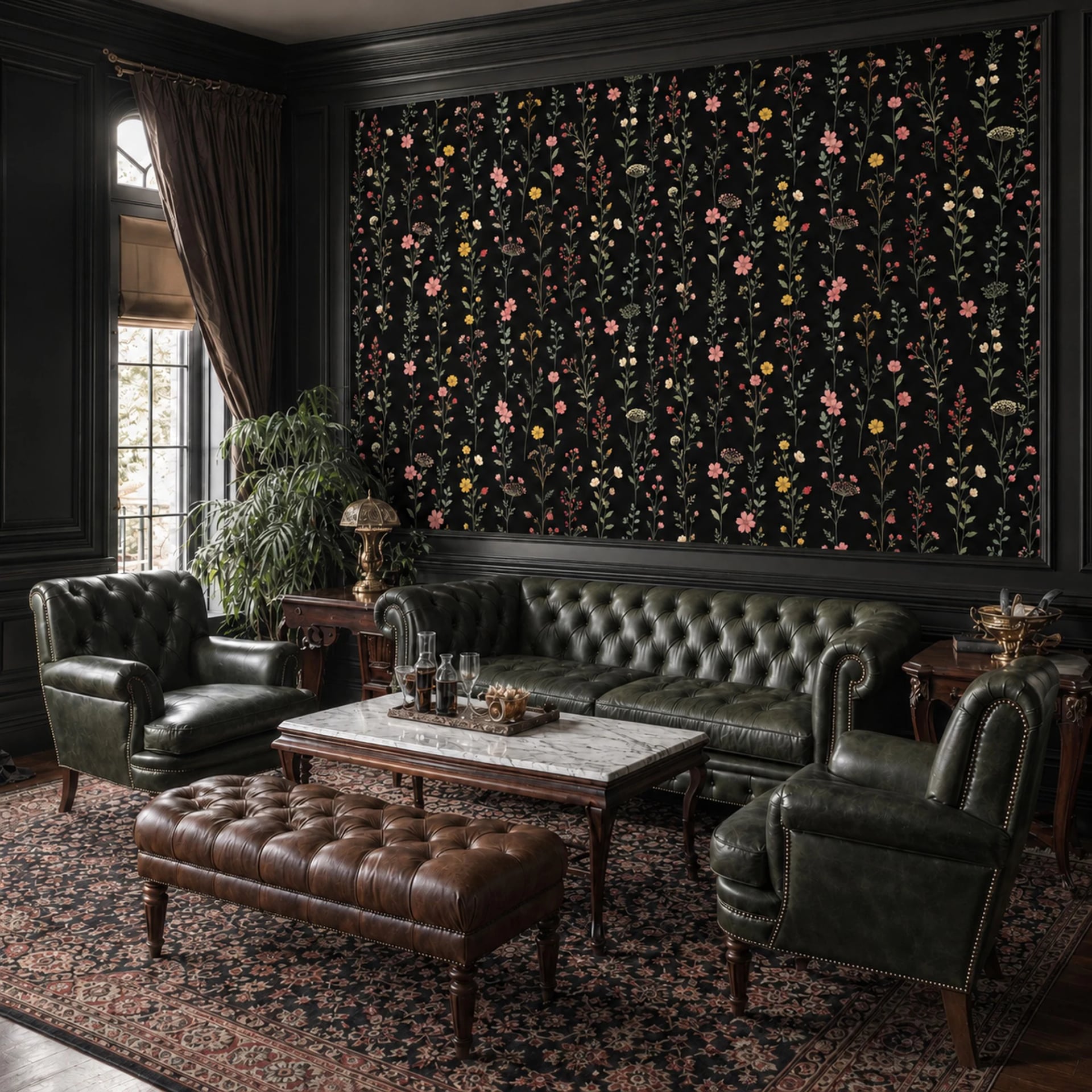 Papier peint panoramique Prairie sauvage de minuit présenté dans un intérieur décoré, vue 2