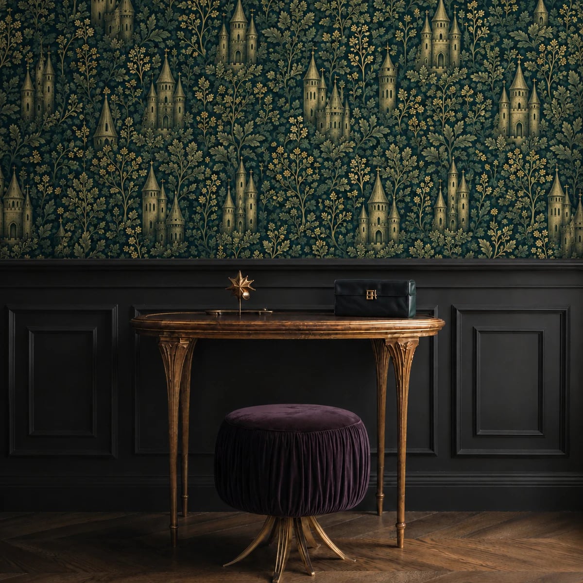 Close-up of the Verdant Castle Tapestry artwork at printed scale