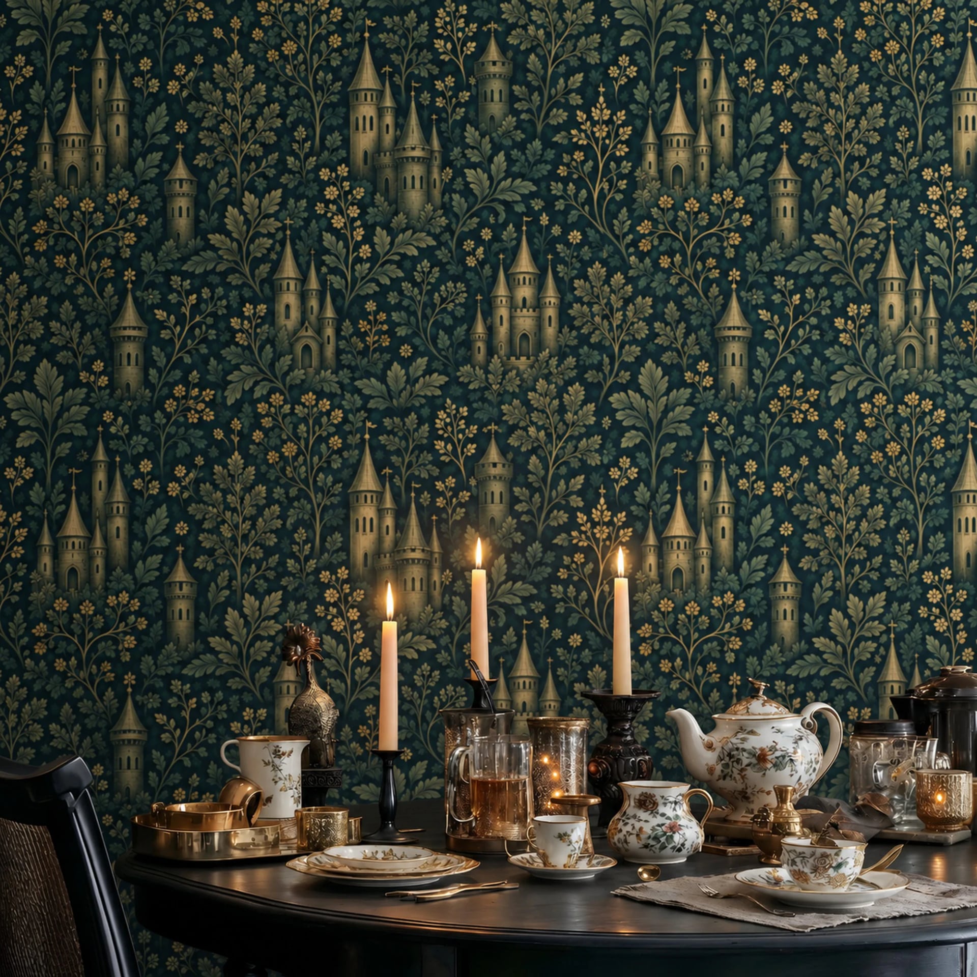 Verdant Castle Tapestry wall mural shown in a styled interior, view 2