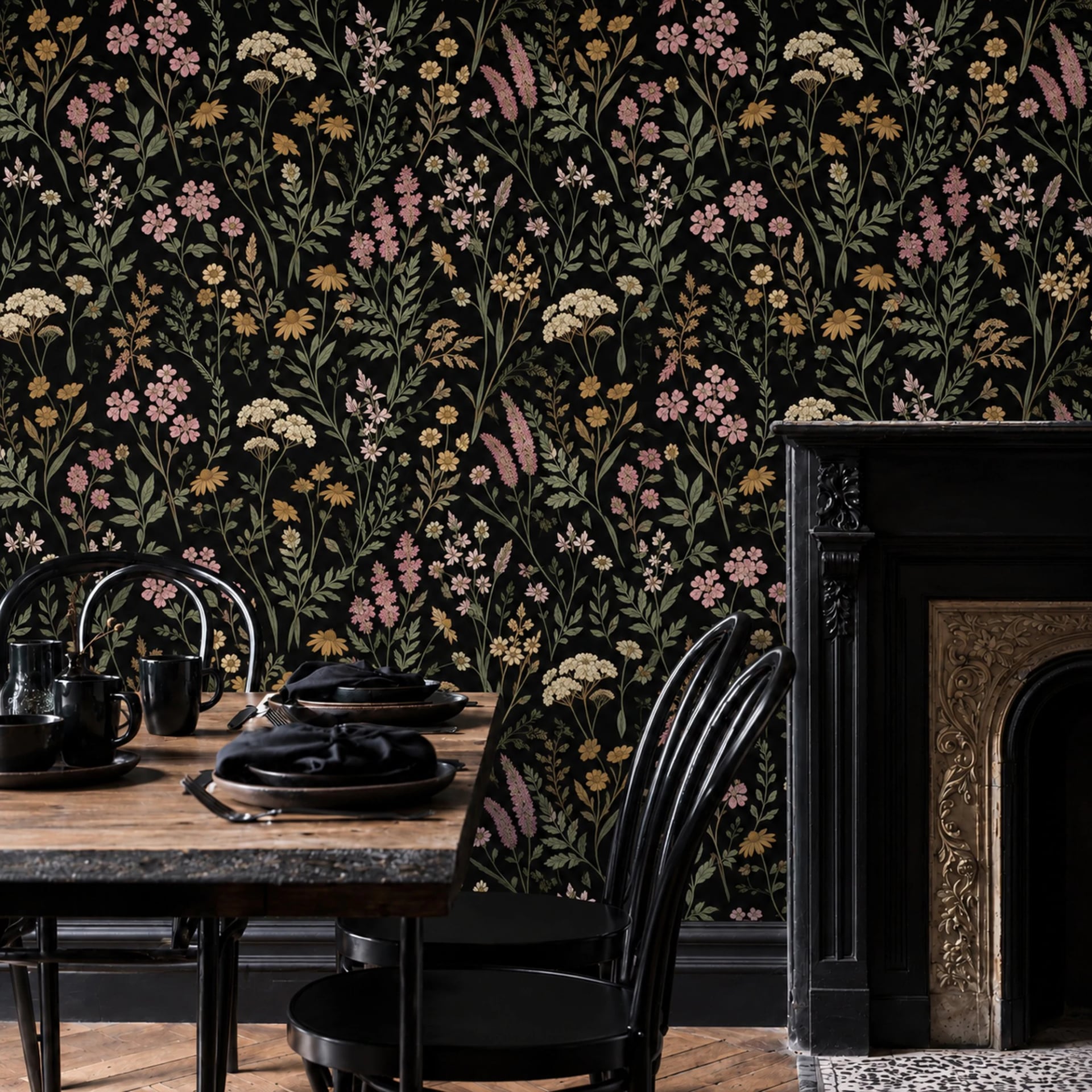 Dark Meadow Wildflowers wall mural shown in a styled interior, view 2