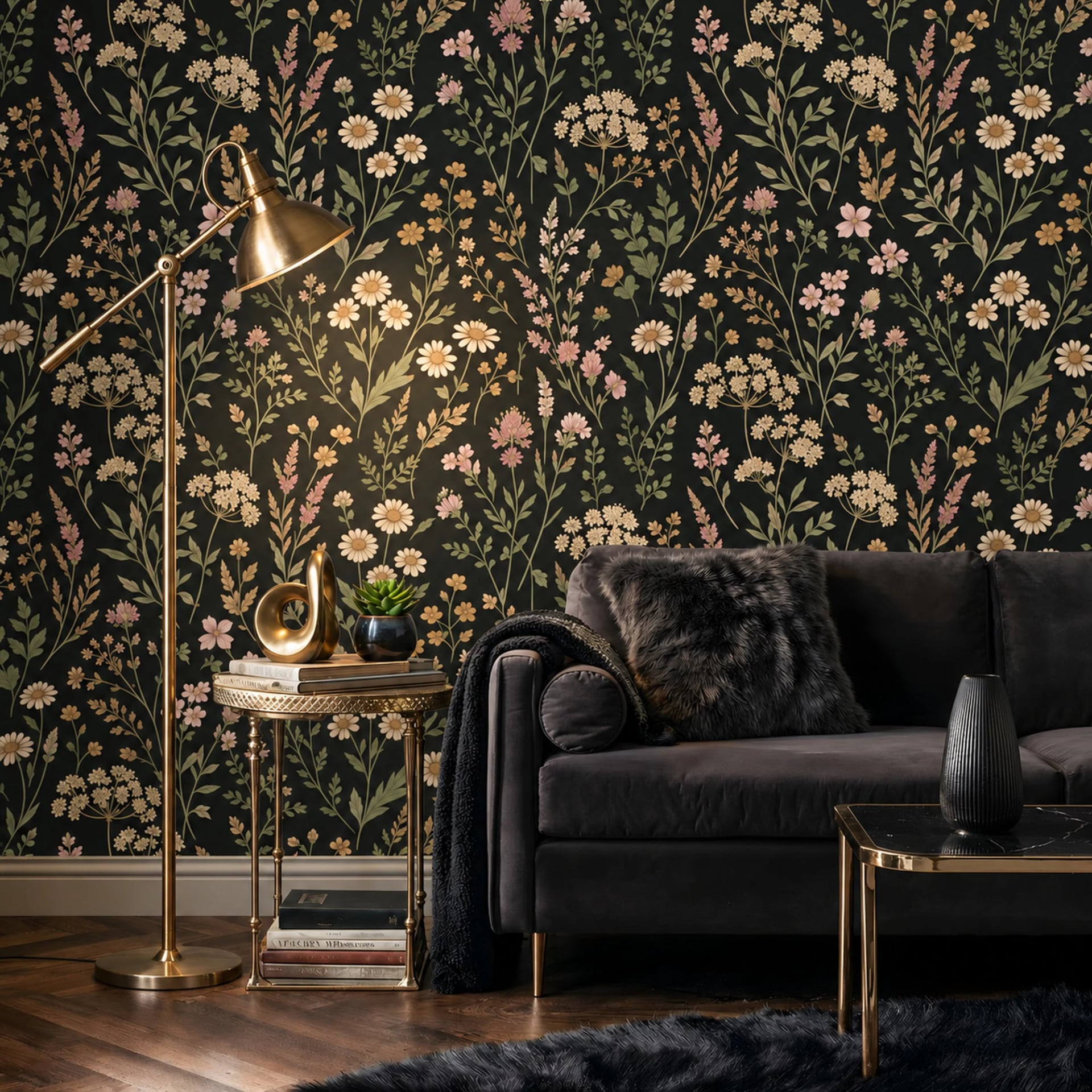 Midnight Wildflower Tapestry wall mural shown in a styled interior, view 2