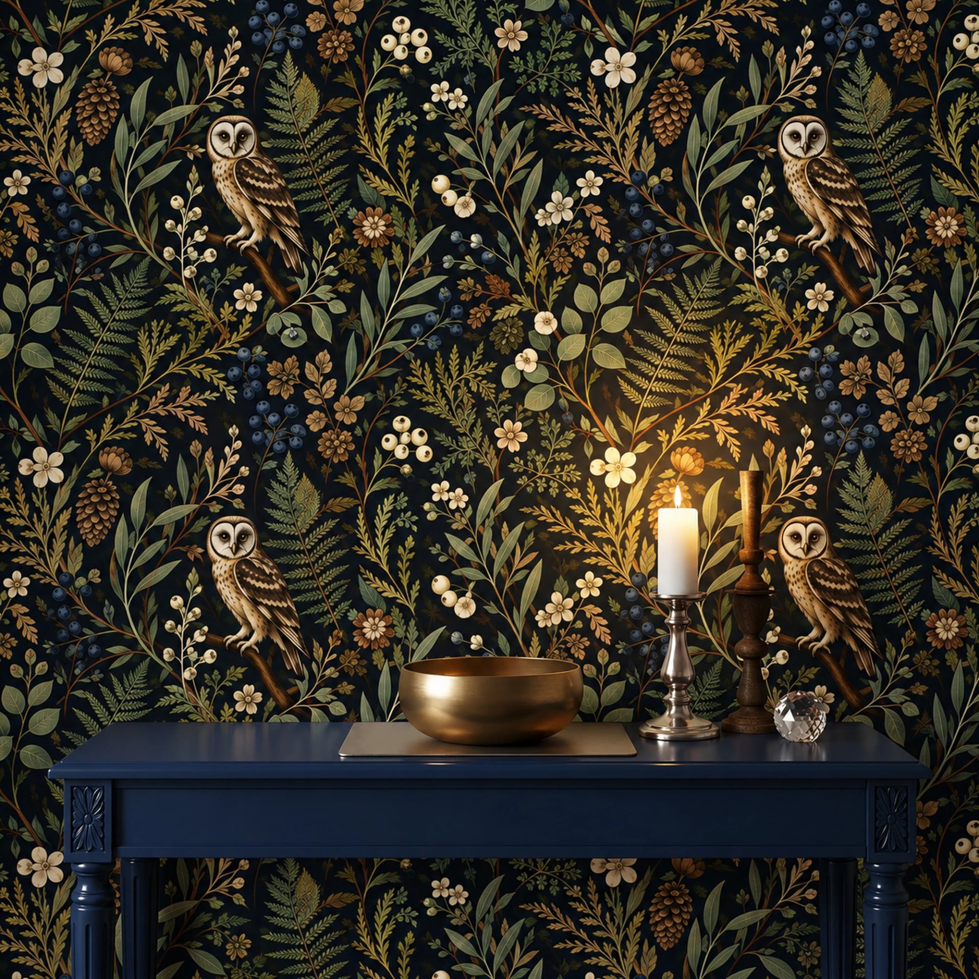 Papier peint panoramique Chouette effraie bleu nuit présenté dans un intérieur décoré, vue 2